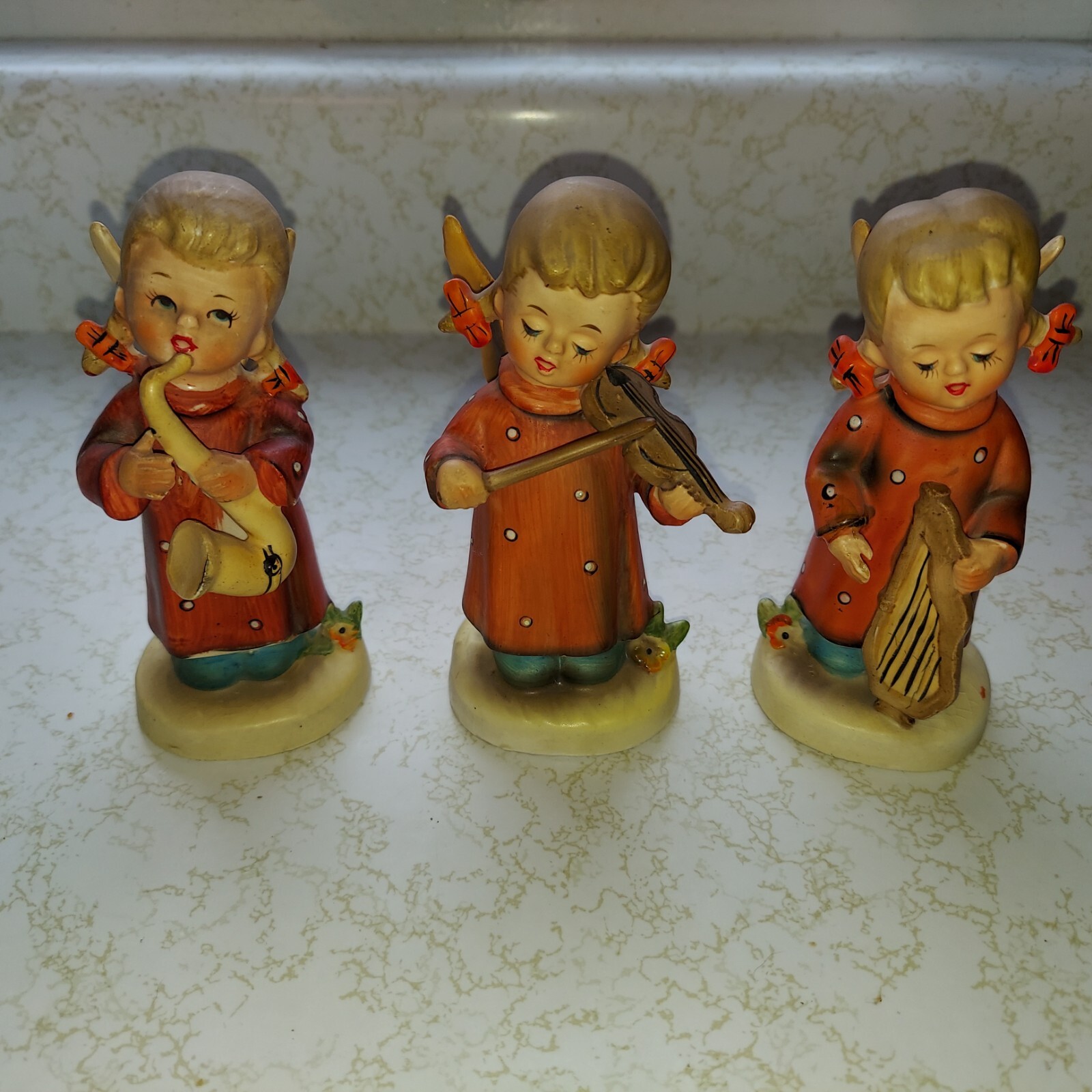 VINTAGE ANTIQUE MCM ANGELS 3 GIRLS W/ MUSICAL INSTRUMENTS CHRISTMAS OR ANYTIME