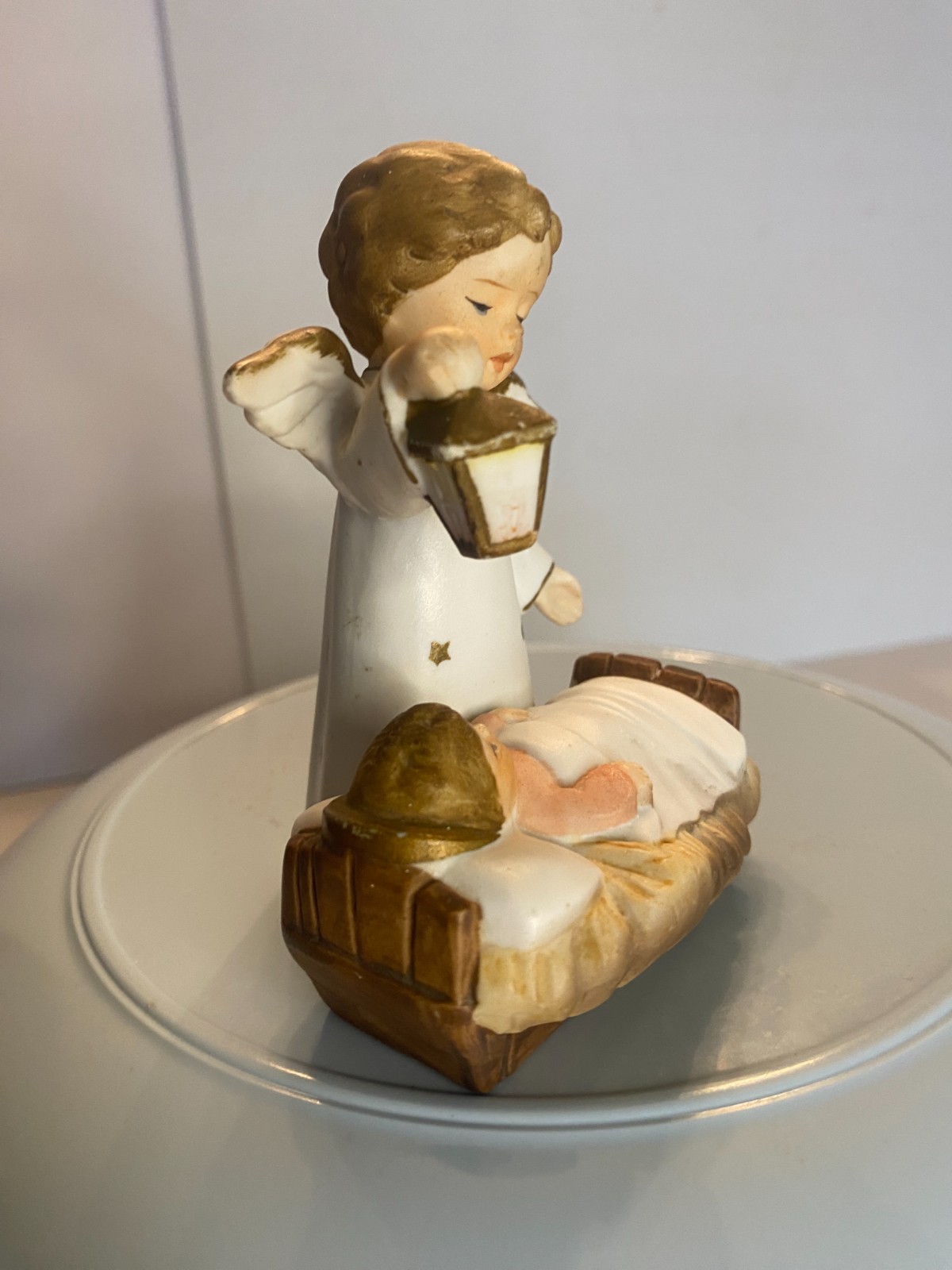 Vintage Sanmyro Angel With Lantern & Baby Jesus Figurine Japan #655 4″ porcelain