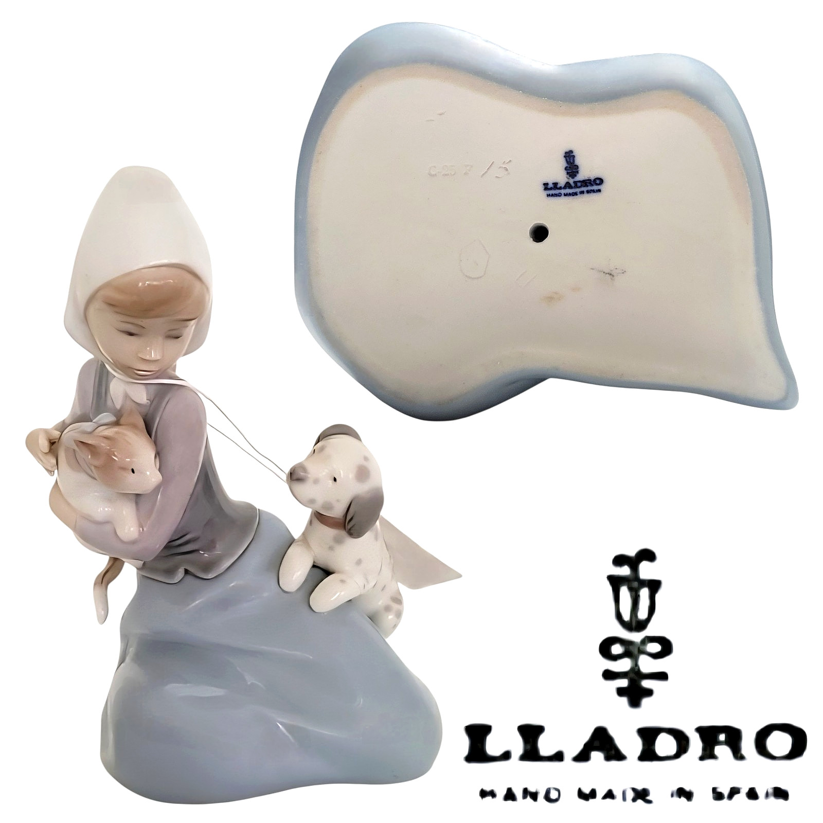 Lladro Porcelain Figurine Little Friskies Girl Holding Dog Puppy Cat VTG 1970’s