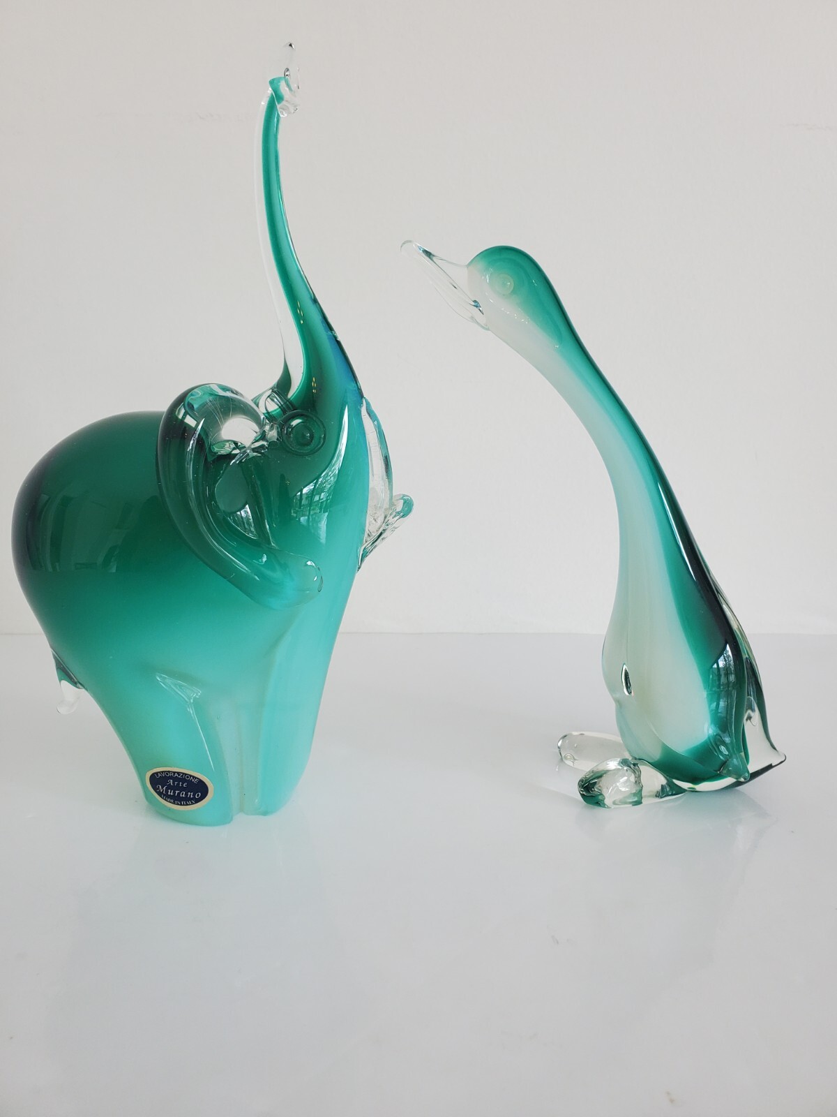 Murano Green Lucky Elephant Trunk Up & Bird Figurine Largest 10″ Tall