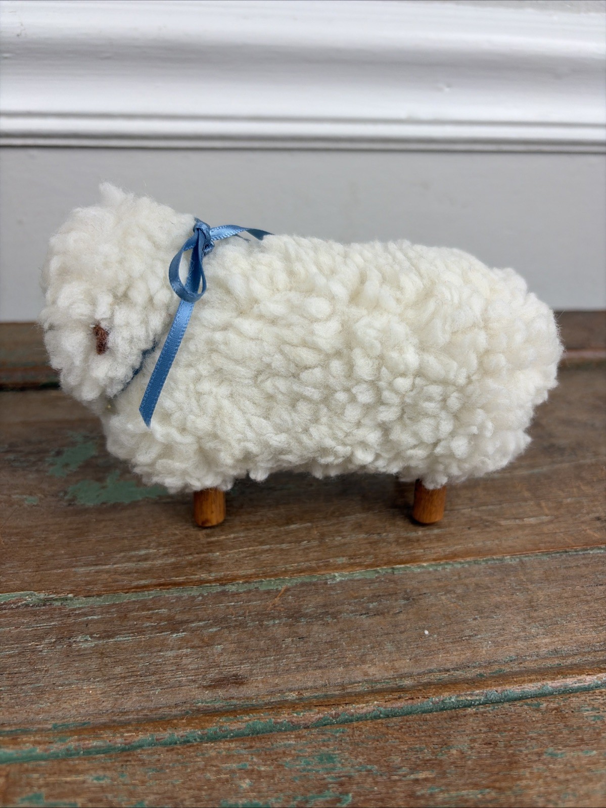 Vtg Handcrafted White Love Ewe Figurine Flocked Wooden 5.75” Long Shelf Sitter