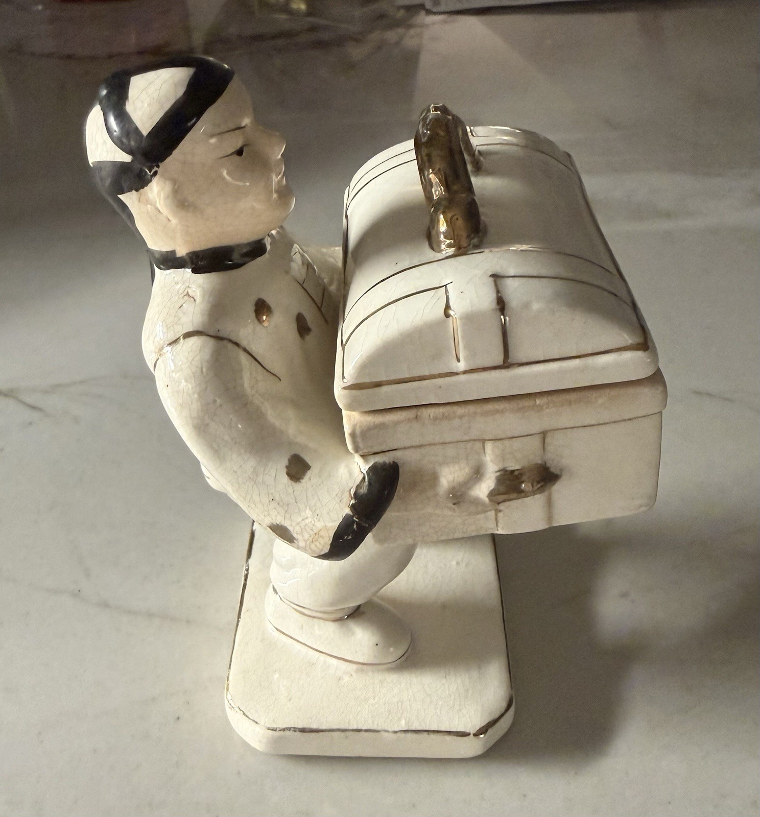 Vintage Japanese Man Holding Chest With Removable Top – Gold Accents