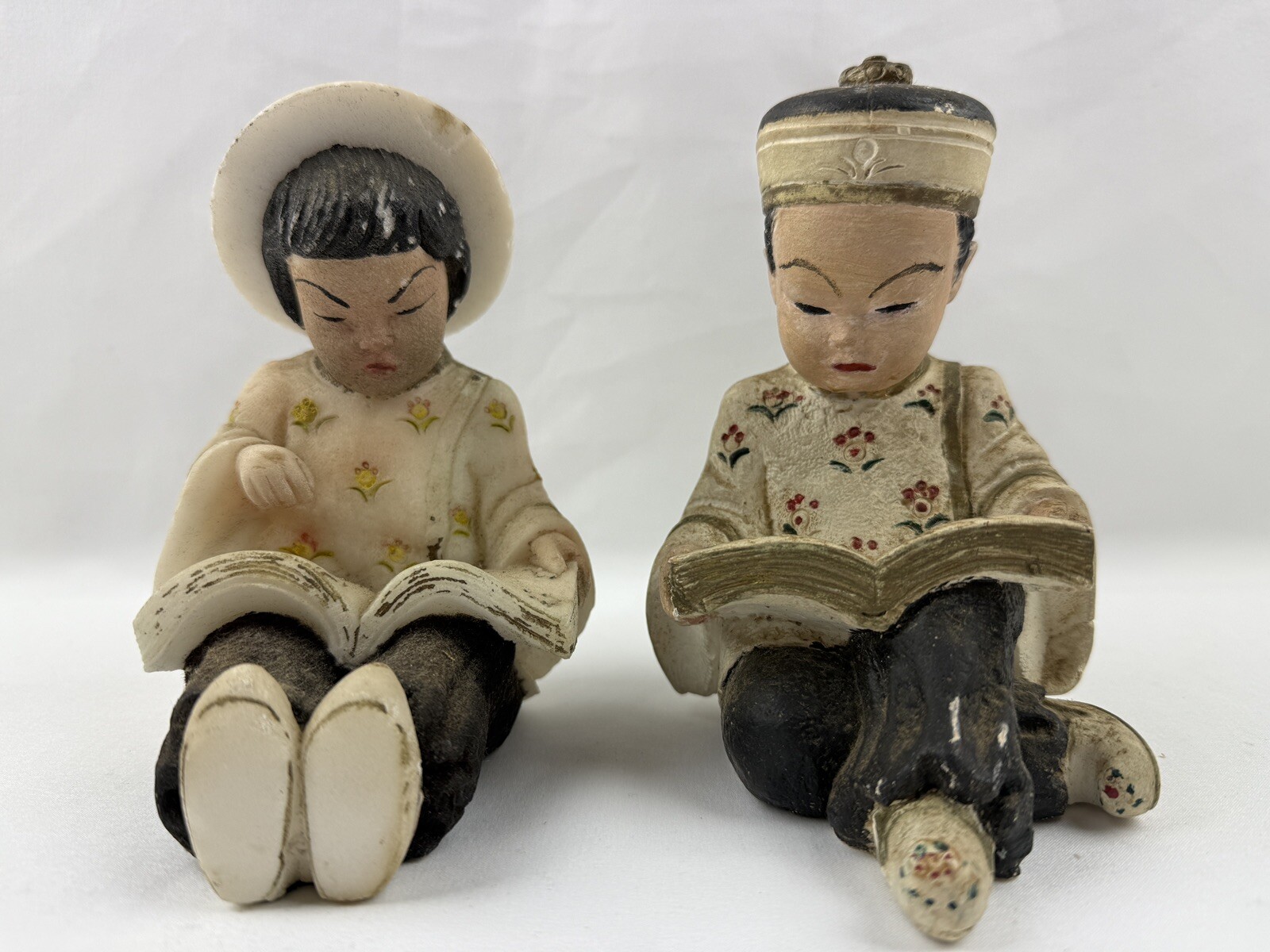 Vintage Pair of Asian Girl & Boy Reading a Book Chalk Ware Figures