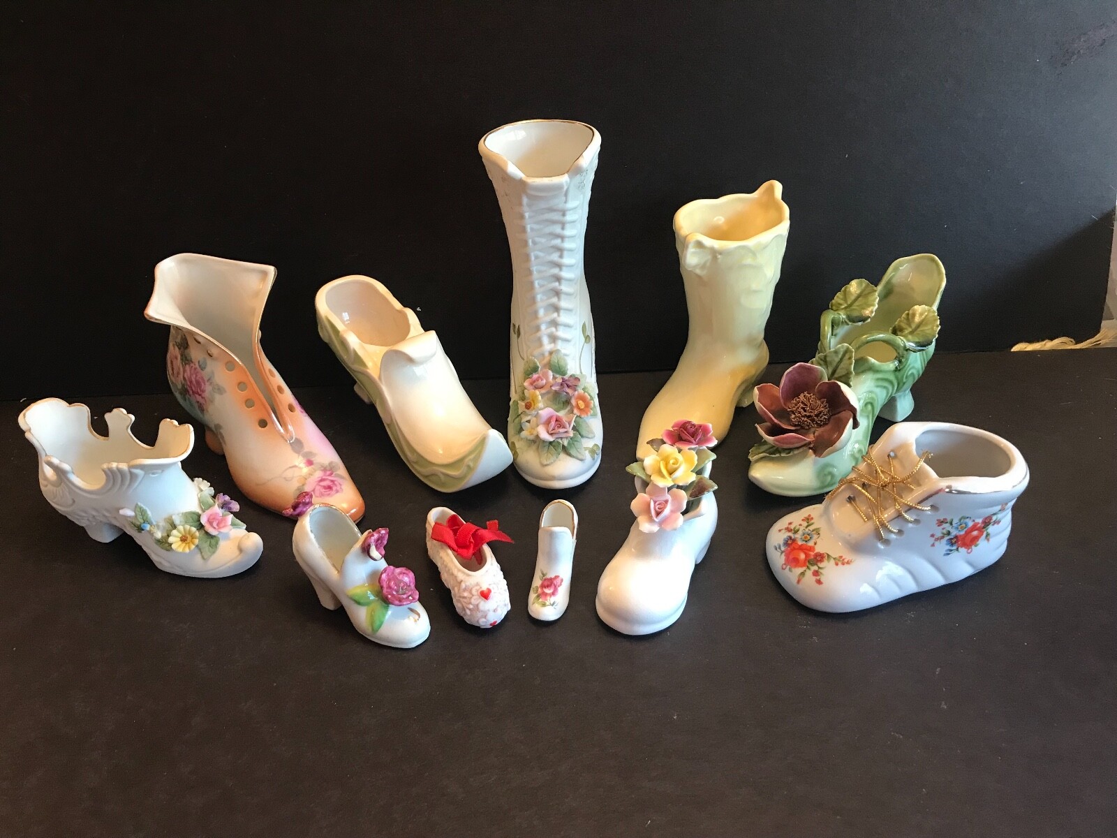 LOT – 11 UNIQUE PORCELAIN/CERAMIC SHOES & BOOTS, COLLECTIBLES – VARIOUS! CUTE!