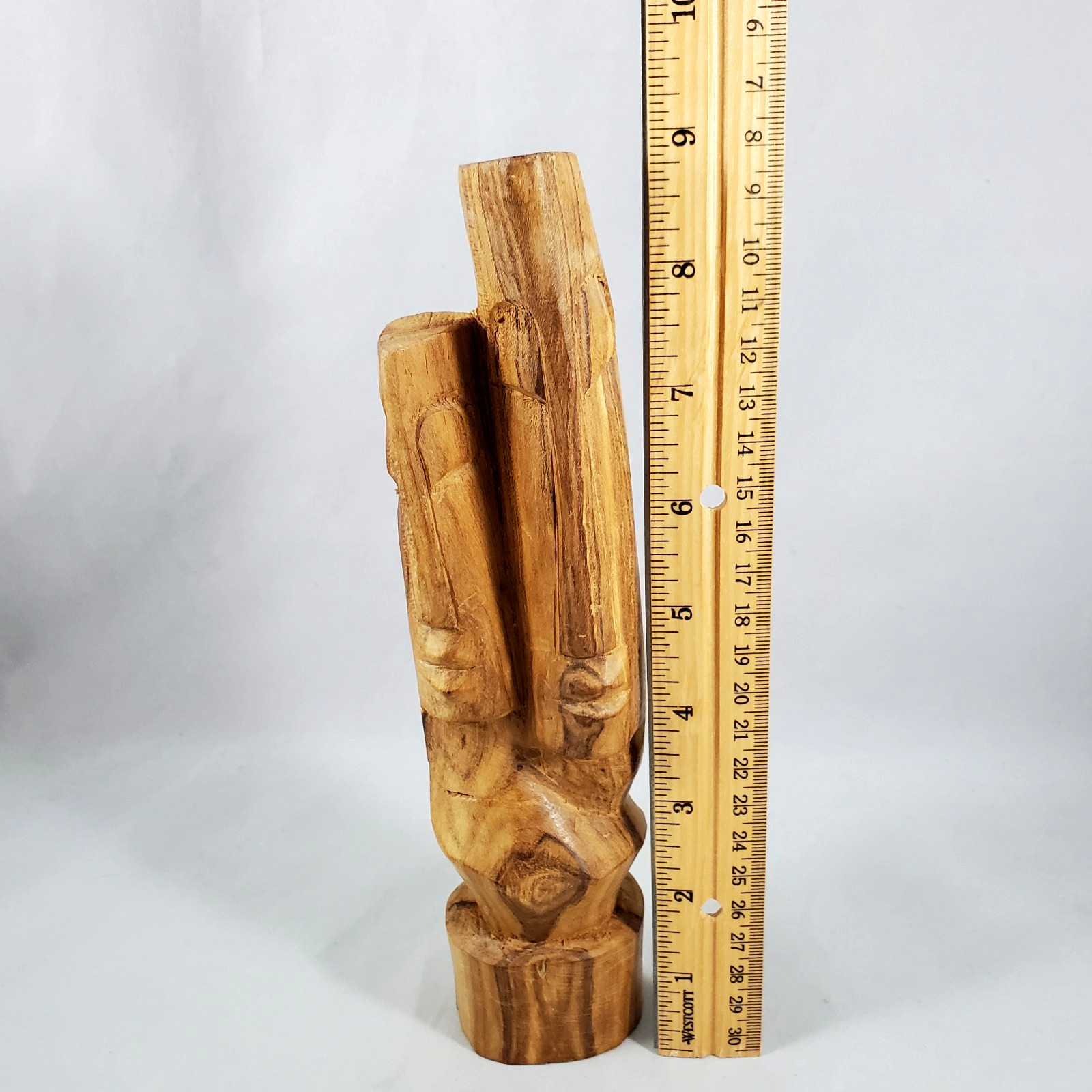 Hand Carved Wood Dual Long Faces Statue Fiji? Young Lovers Tiki Vintage Grain