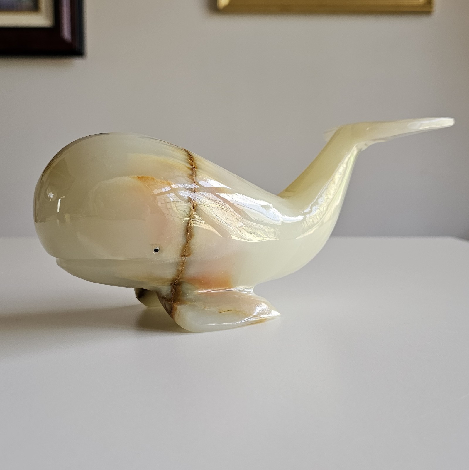 Vintage Polished Onyx Whale Figurine – Mid-Century Modern Stone Sculpture – 9″