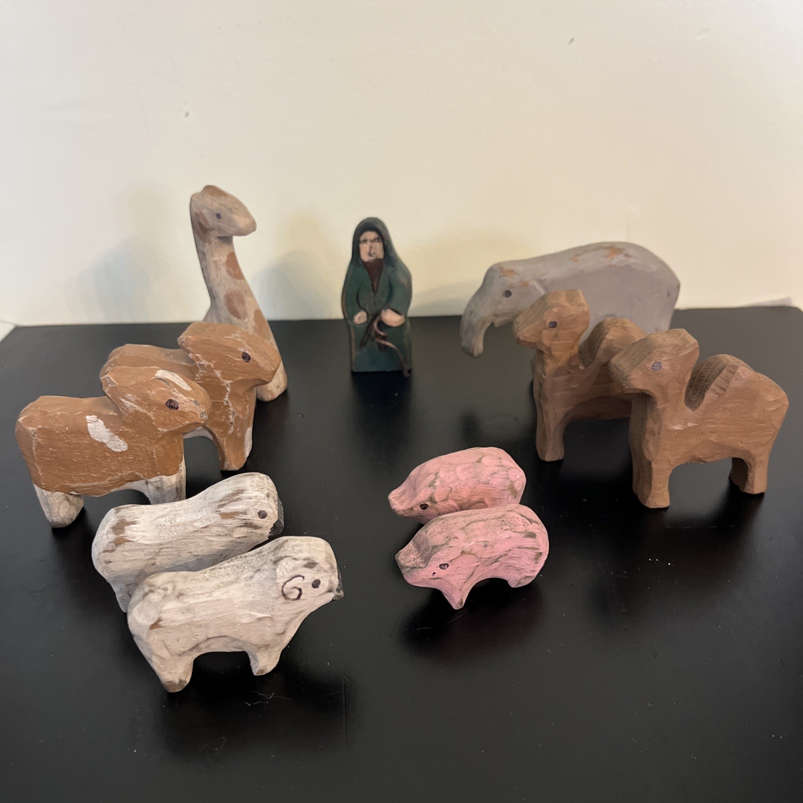 Vintage Carved Wooden Noah And Animals Figurine 11pc Lot Hand-painted