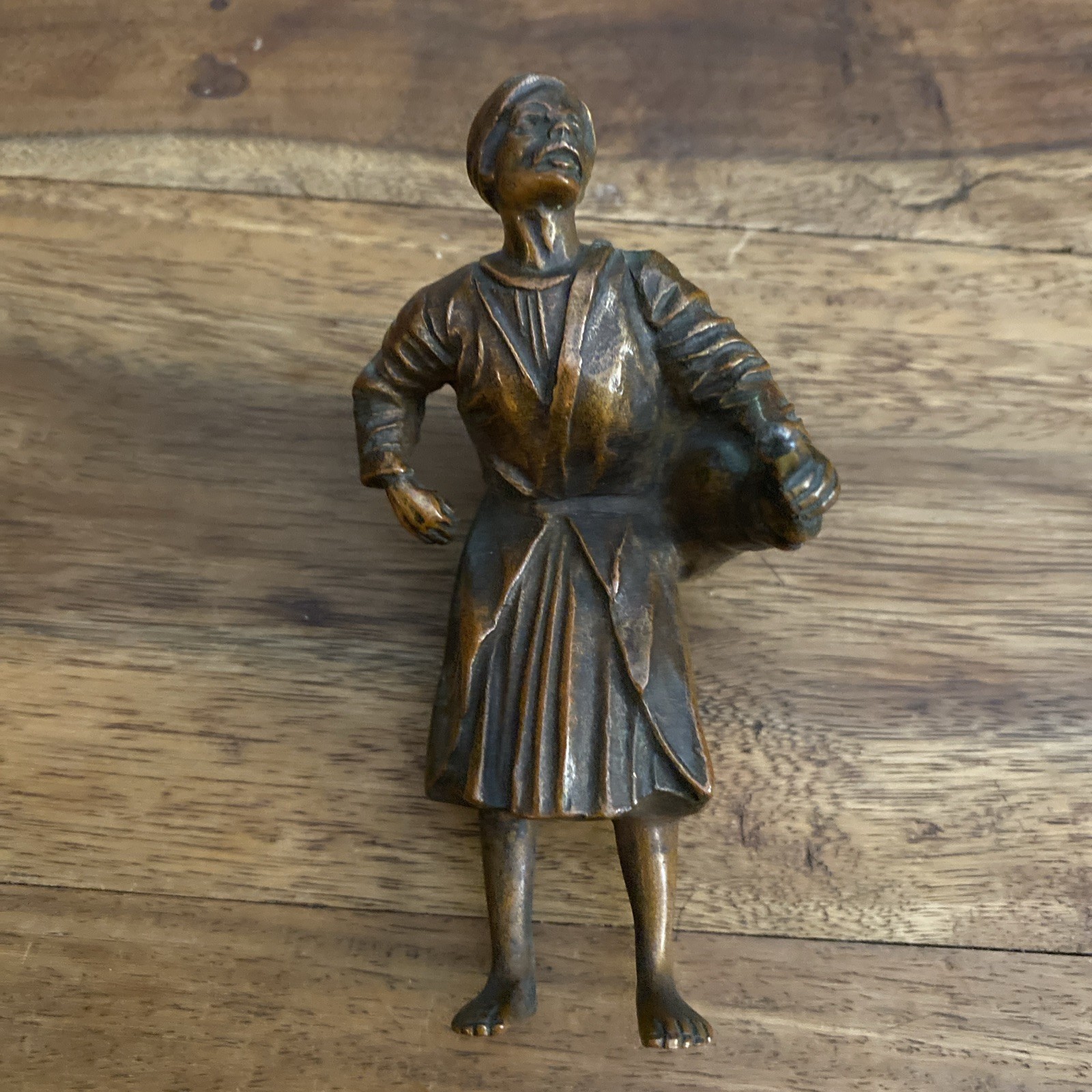 Antique Heavy Bronze Figurine Man With Bag