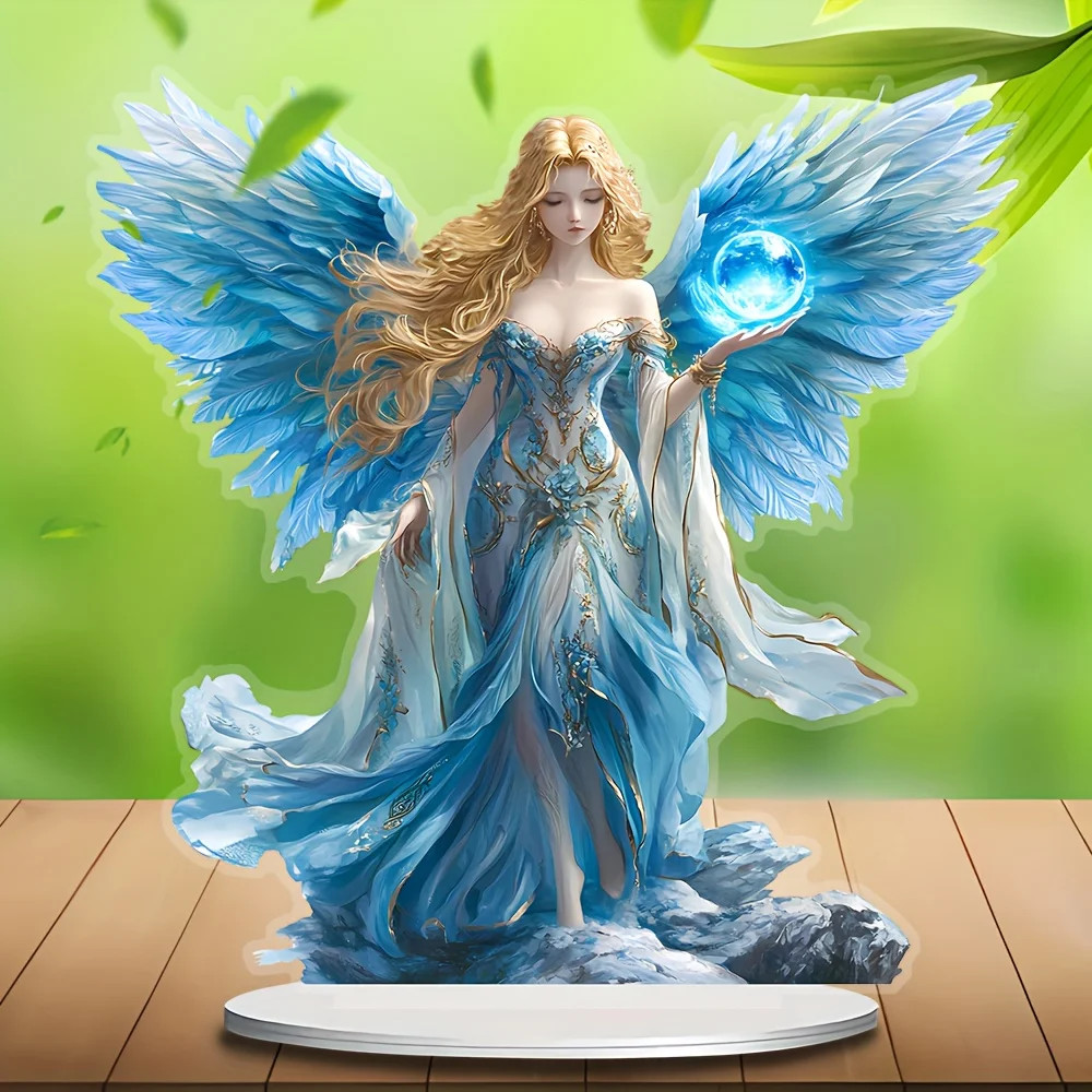 Blue Wing Guardian Angel Statue – Acrylic Desktop Decoration with Bracket