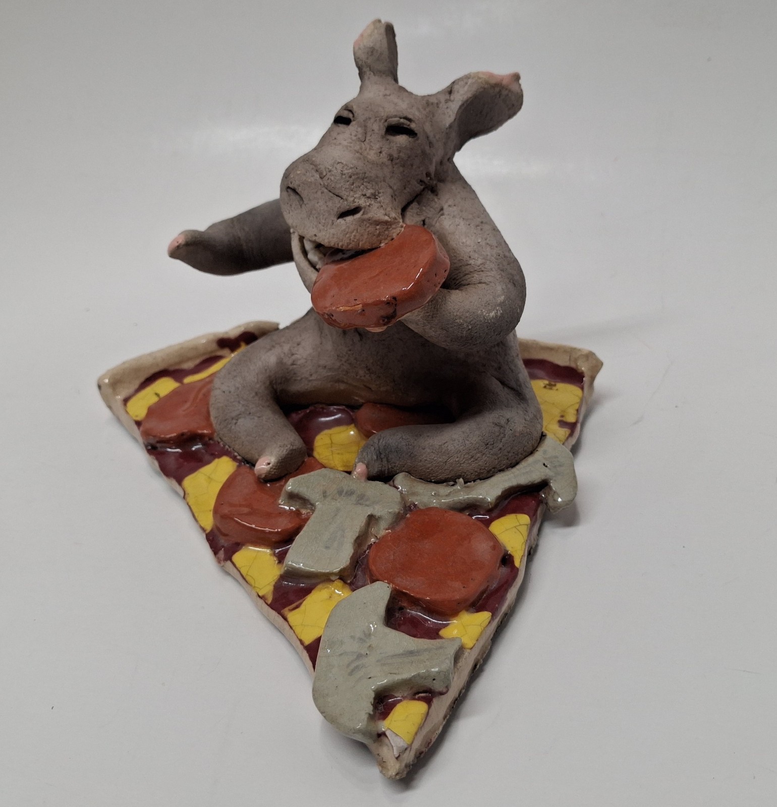 Mary Garber 1985 POG Raku Pottery Pizza For One Hippo Sculpture Pepperoni Signed