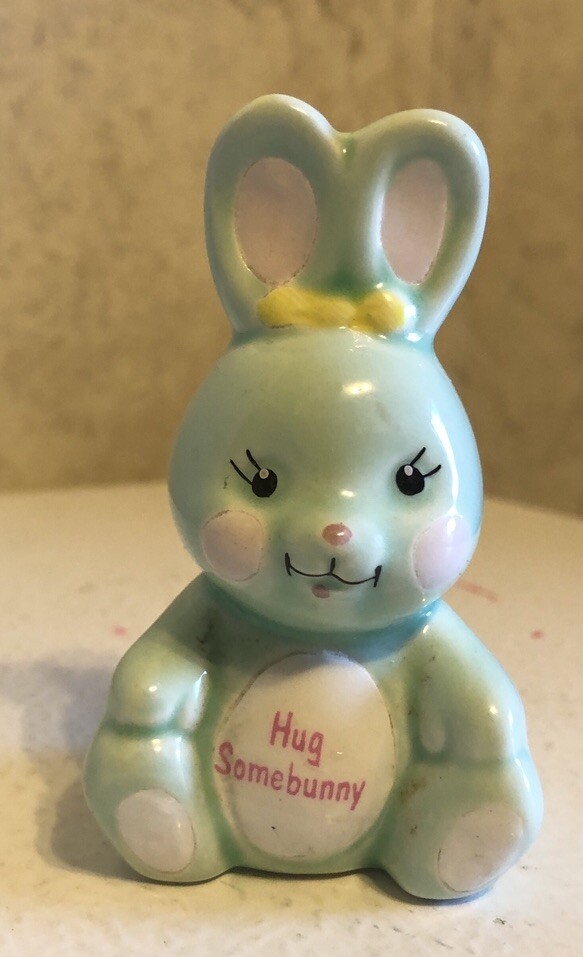 RUSS CERAMIC Green Bunny Hug Somebunny on Belly Decor