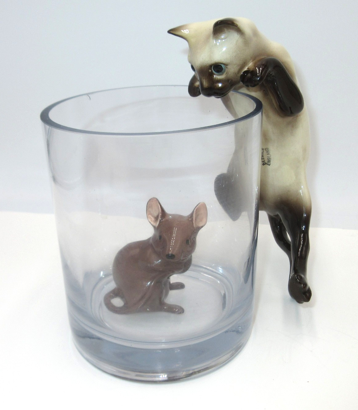 2 Vtg Beswick England Porcelain Figurine Siamese Cat Climbing Hanging & Mouse