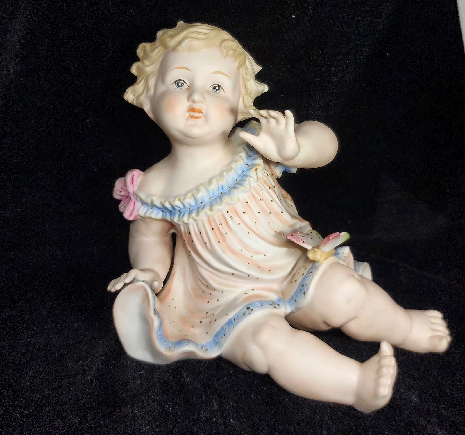 Mid-Century Andrea by Sadek Bisque Porcelain Piano Baby Figurine Girl Butterfly
