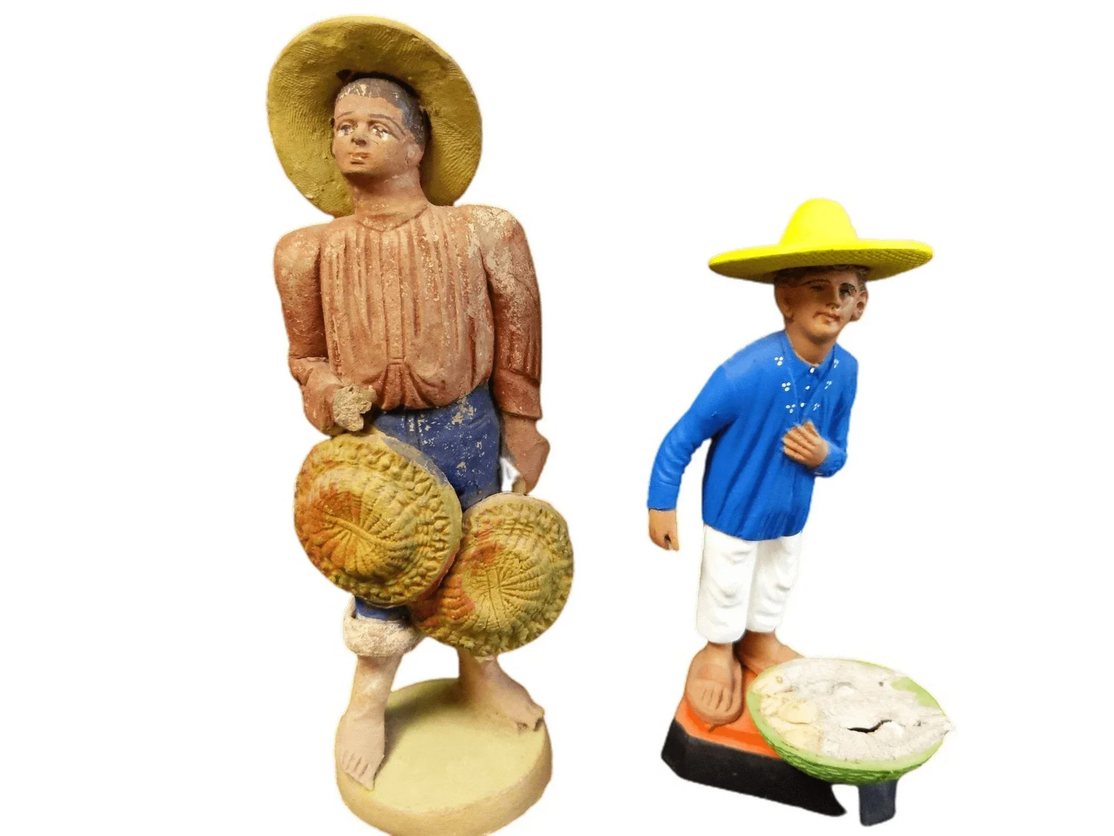 C.1920 Vintage Mexico Pottery Figures Basket Seller Fish Vendor