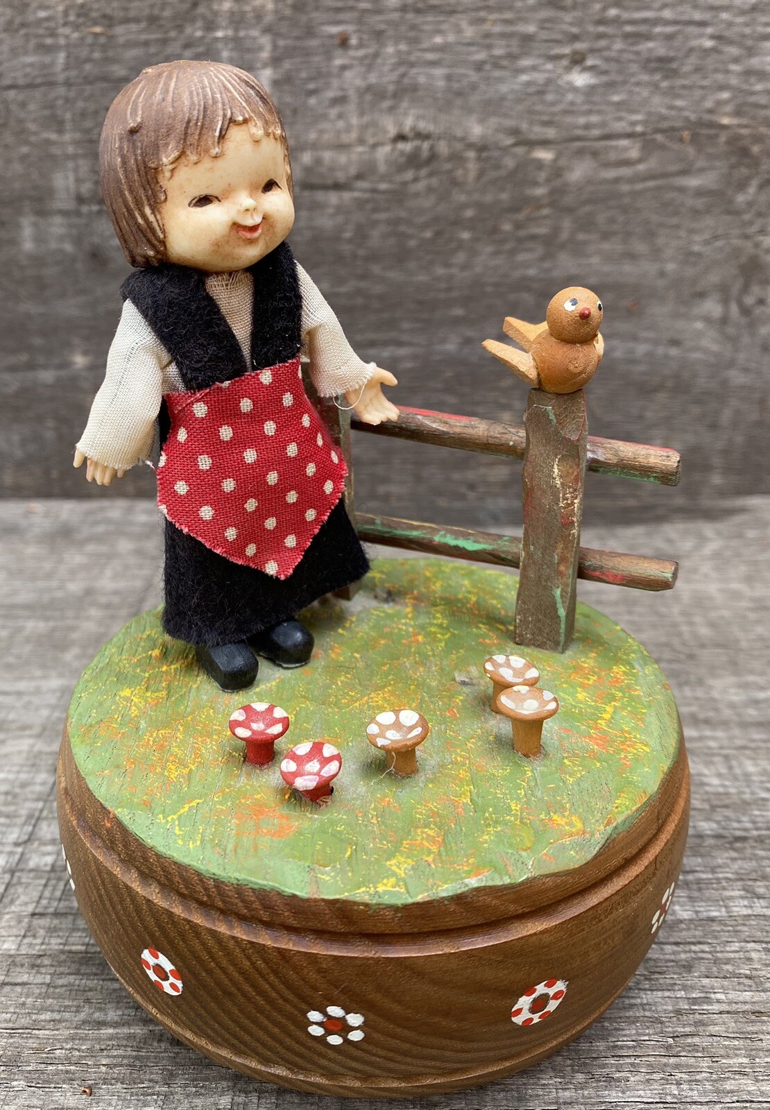 Vtg ANRI CARVED-PAINTED Girl/Fence Rotating MUSIC BOX Plays Speak Softly My Love