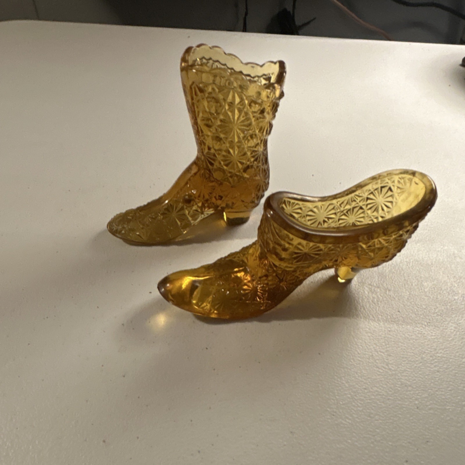 Fenton Amber Glass Shoe Figurine Set of 2