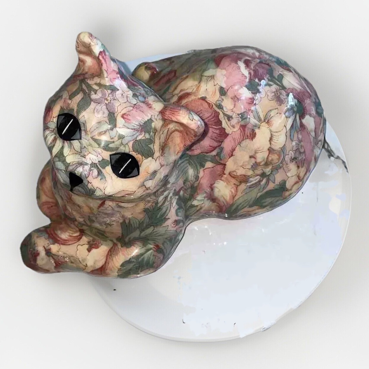 Vintage Joan Baker Kitten Cat “Porcelain Patchworks” Floral Statue Figurine