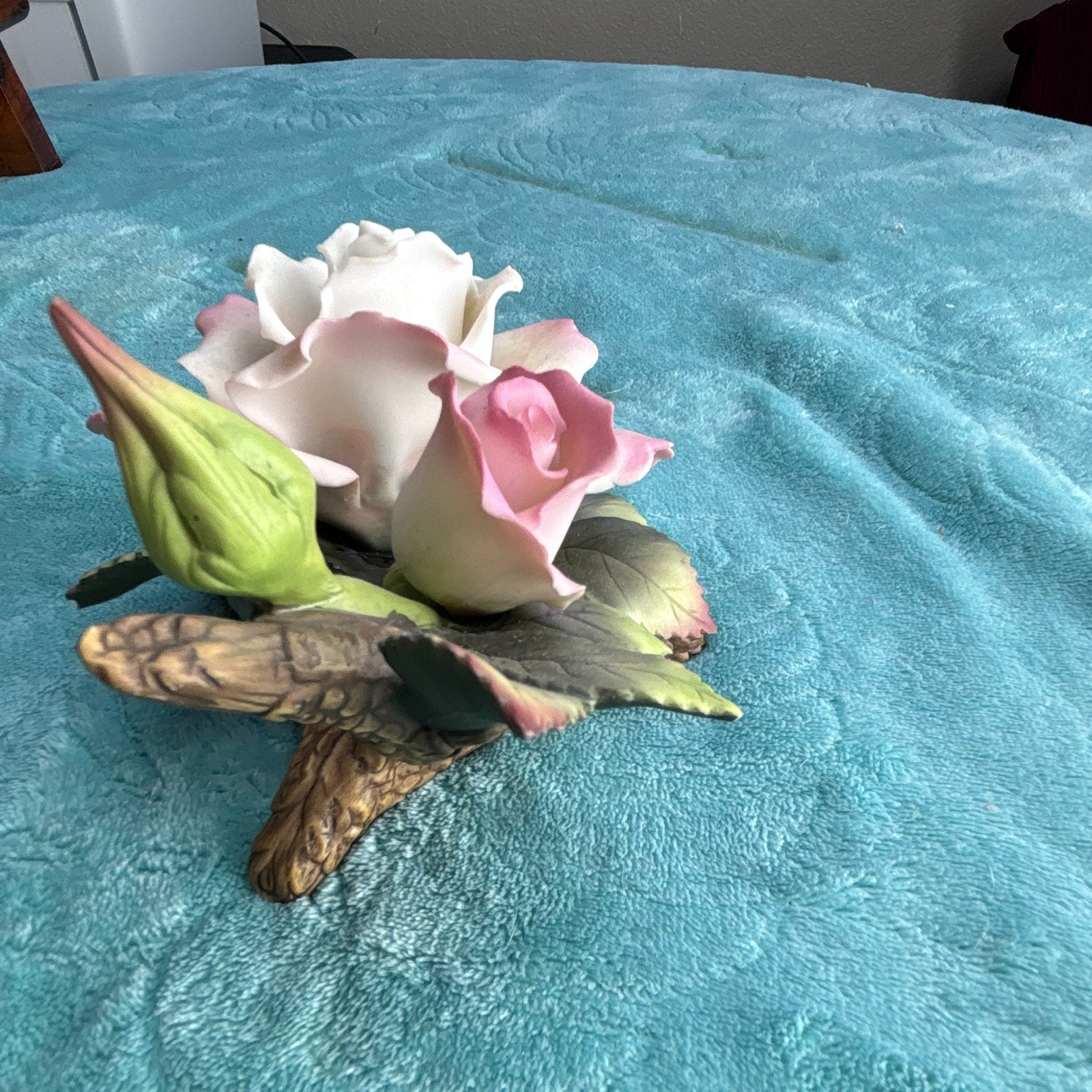Porcelain Pink & White Rose Figurine w/ Buds & Leaves, Glossy Floral