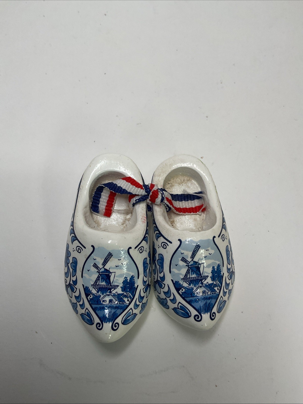 Holland Dutch Hand Painted Wooden Carved Shoes Blue White. Approx 2.5″L