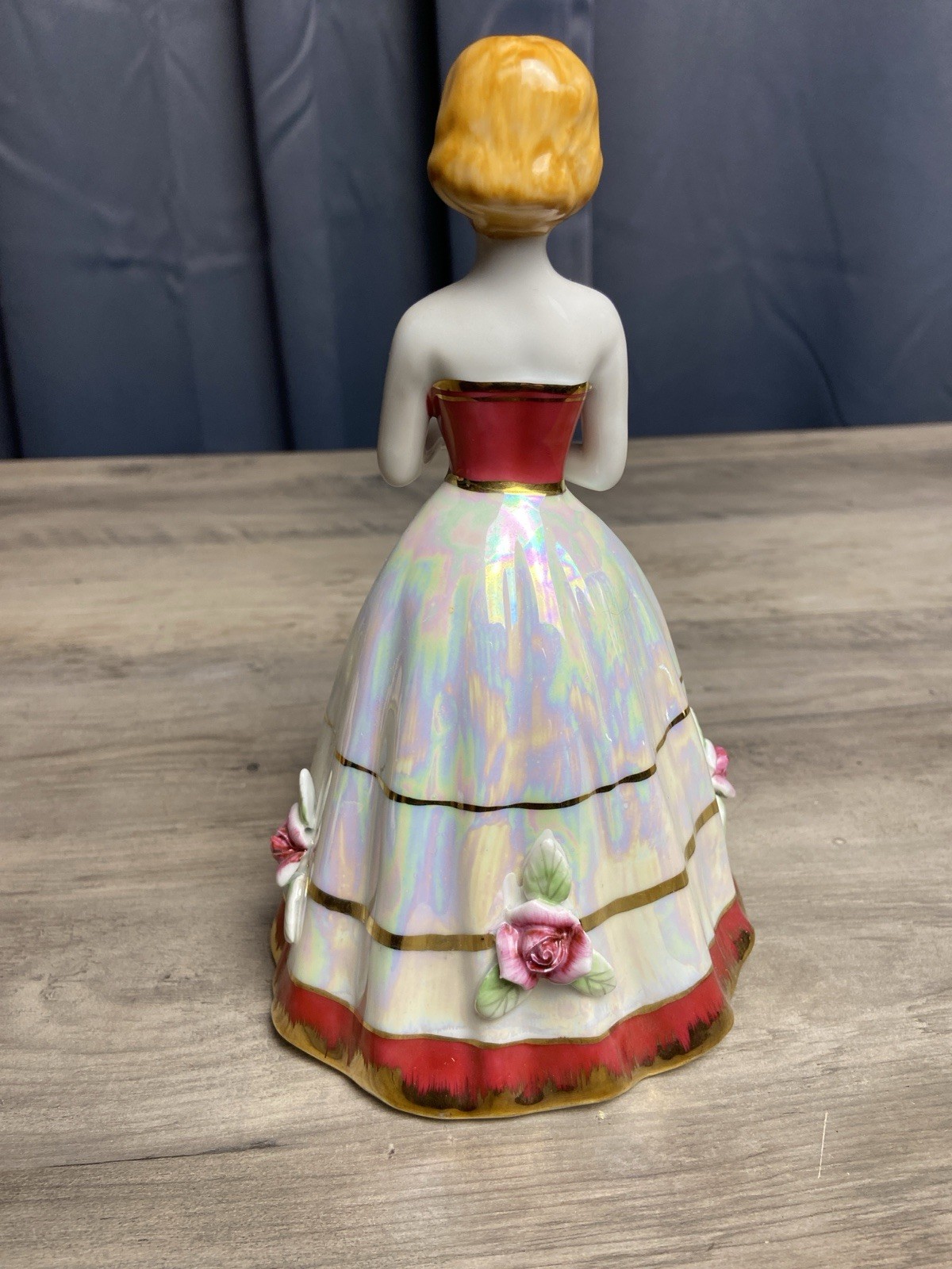 Vintage Porcelain Lady Figurine Opalescent Red, White Dress Roses