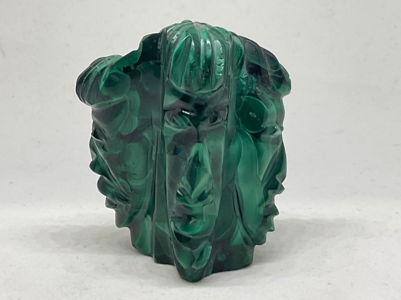 Handcarved Green Malachite Multi-Face Statue