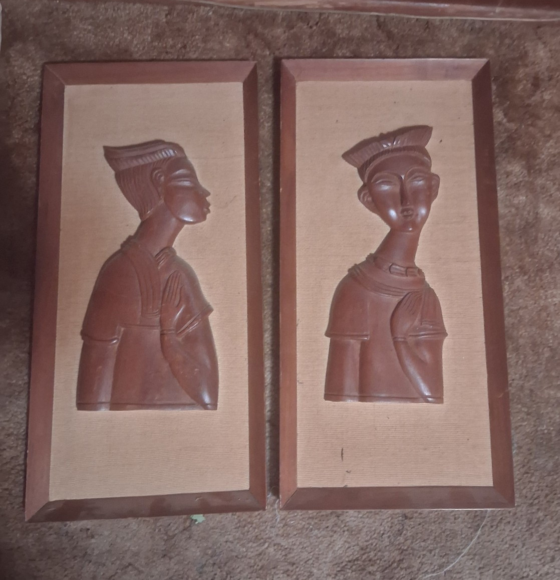 Set of 2 Carved Wood Wall Plaques People Figure Busts, Brown Stained