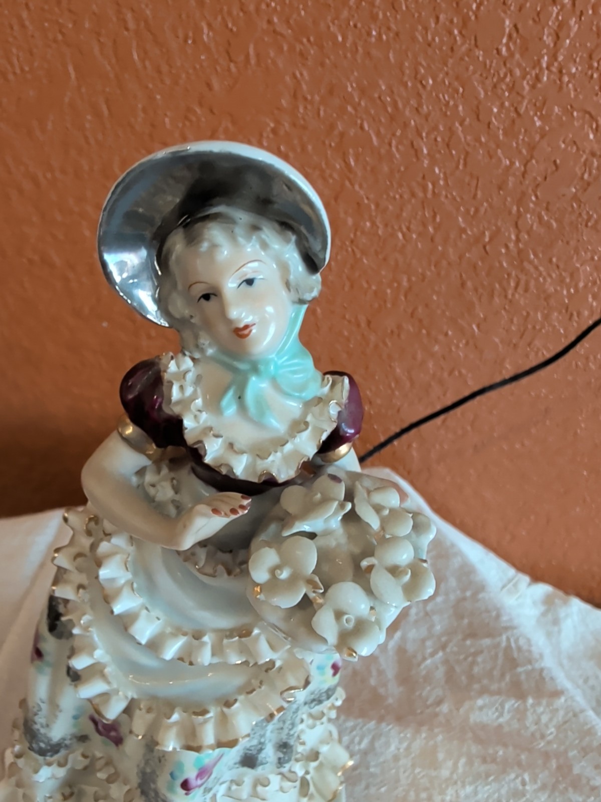 Vintage Japan Bone China Lace Victorian Woman Holding Basket Flowers Figurine