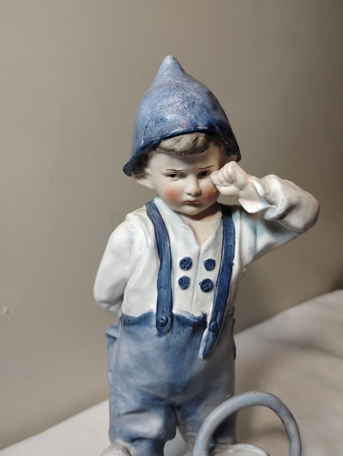 Antique Heubach Bisque Character Figurine Blue Boy w Watering Can Intaglio Eyes