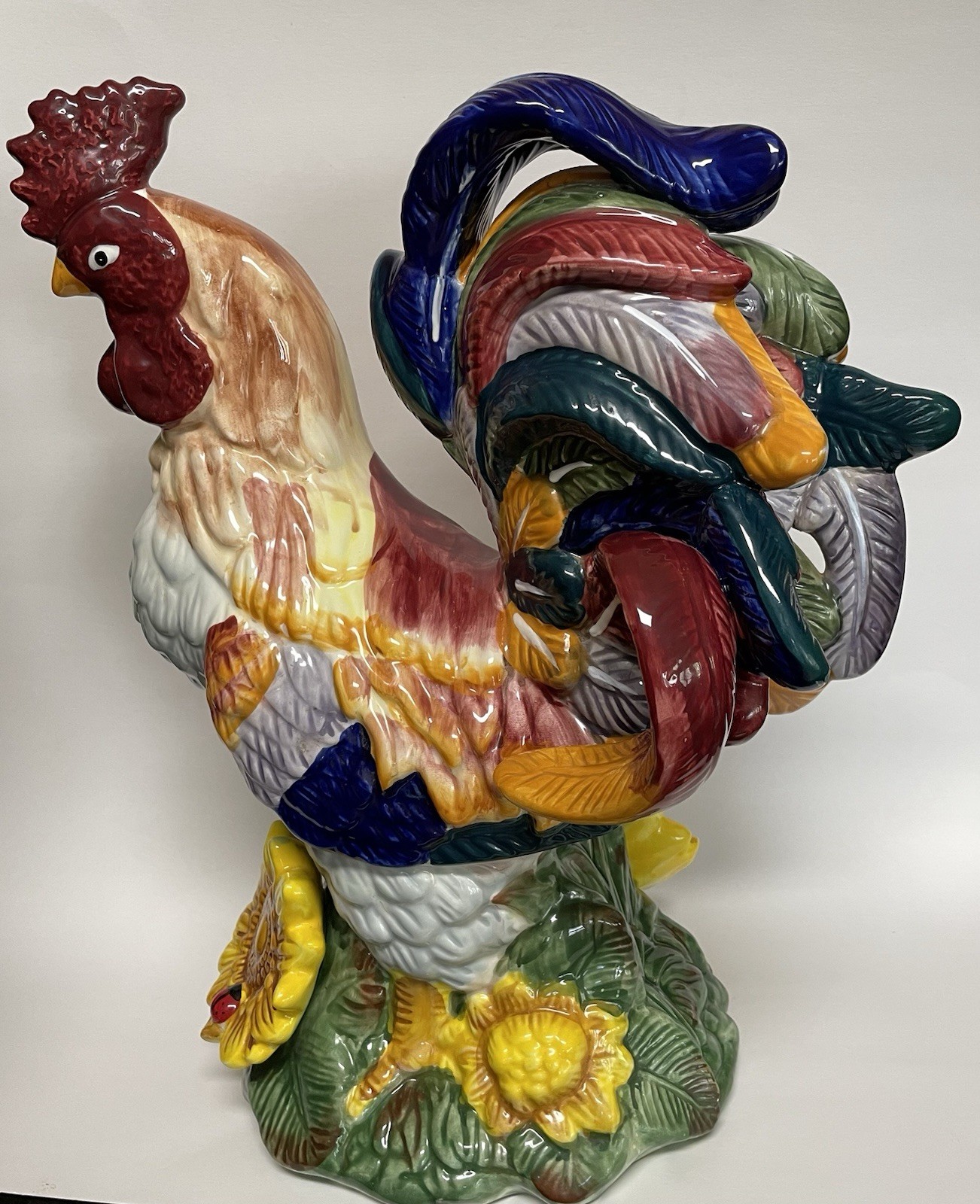 Ceramic Rooster on Sunflower Large Vintage J. Willfred Handpainted Sadek 15.5″