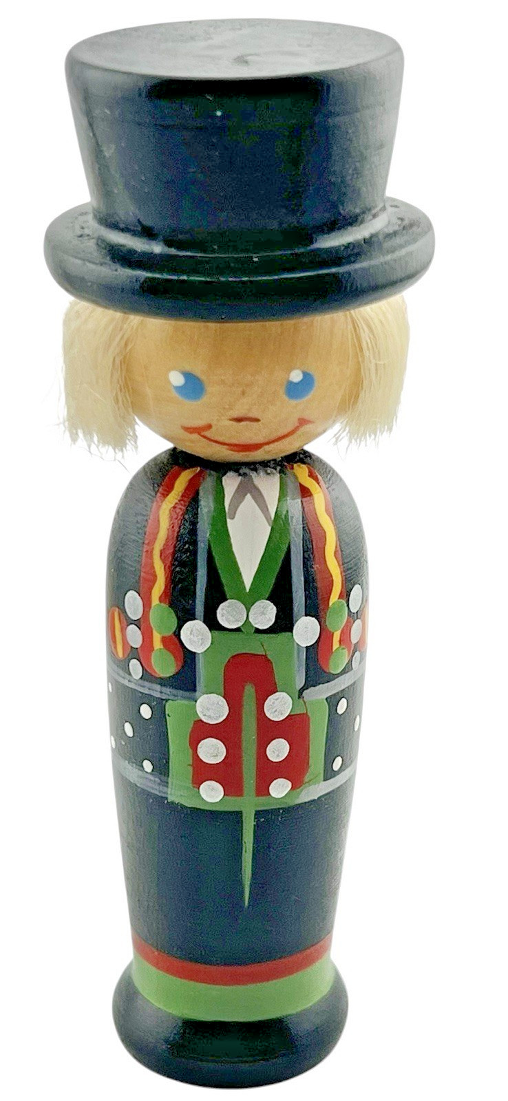 Vintage Wood Boy Figurine In Top Hat & Coat 3.75″ Hand Painted