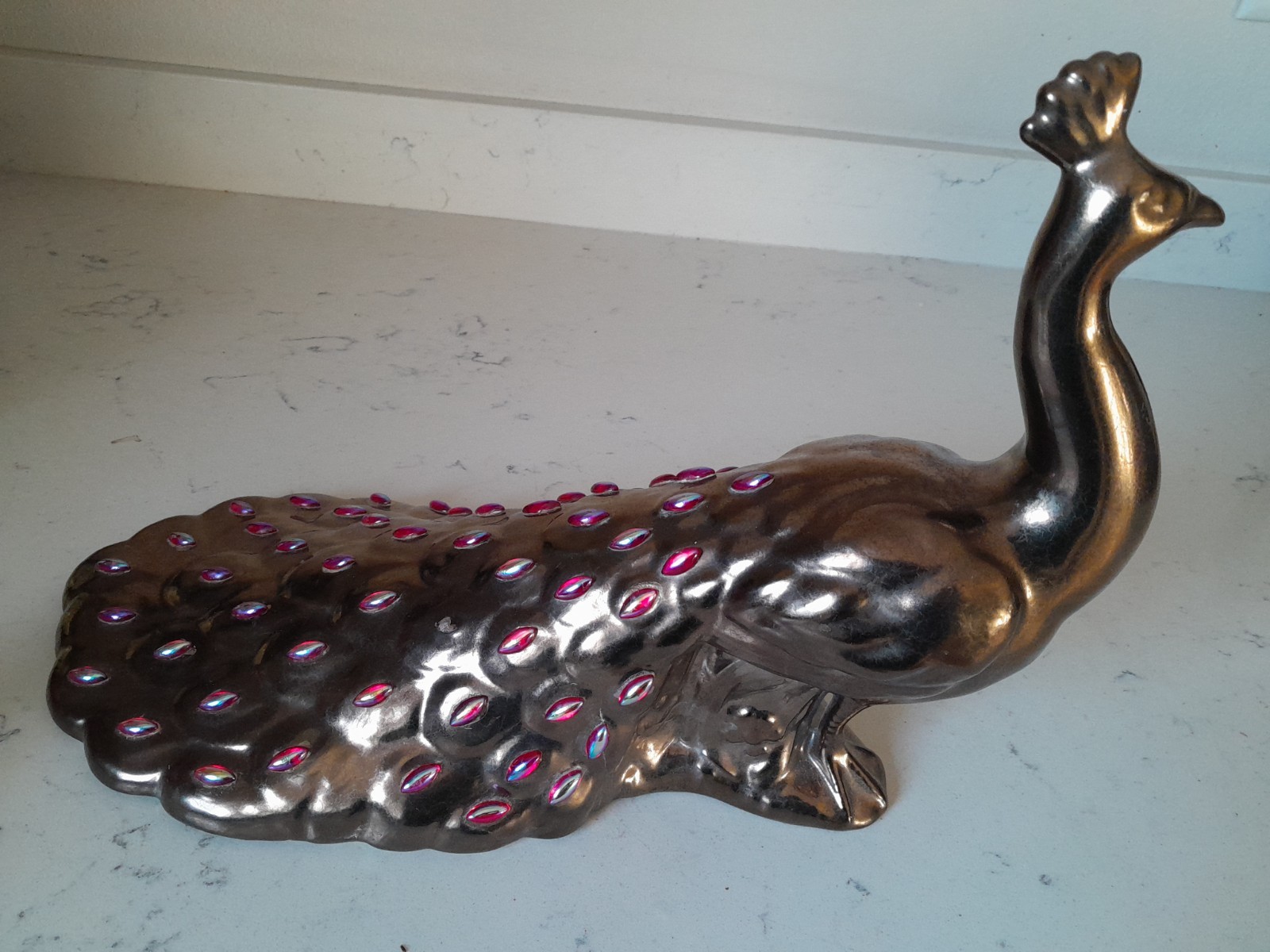Unique Vintage Mid Century Hand Painted Jeweled Feathers Peacock Ceramic Statue