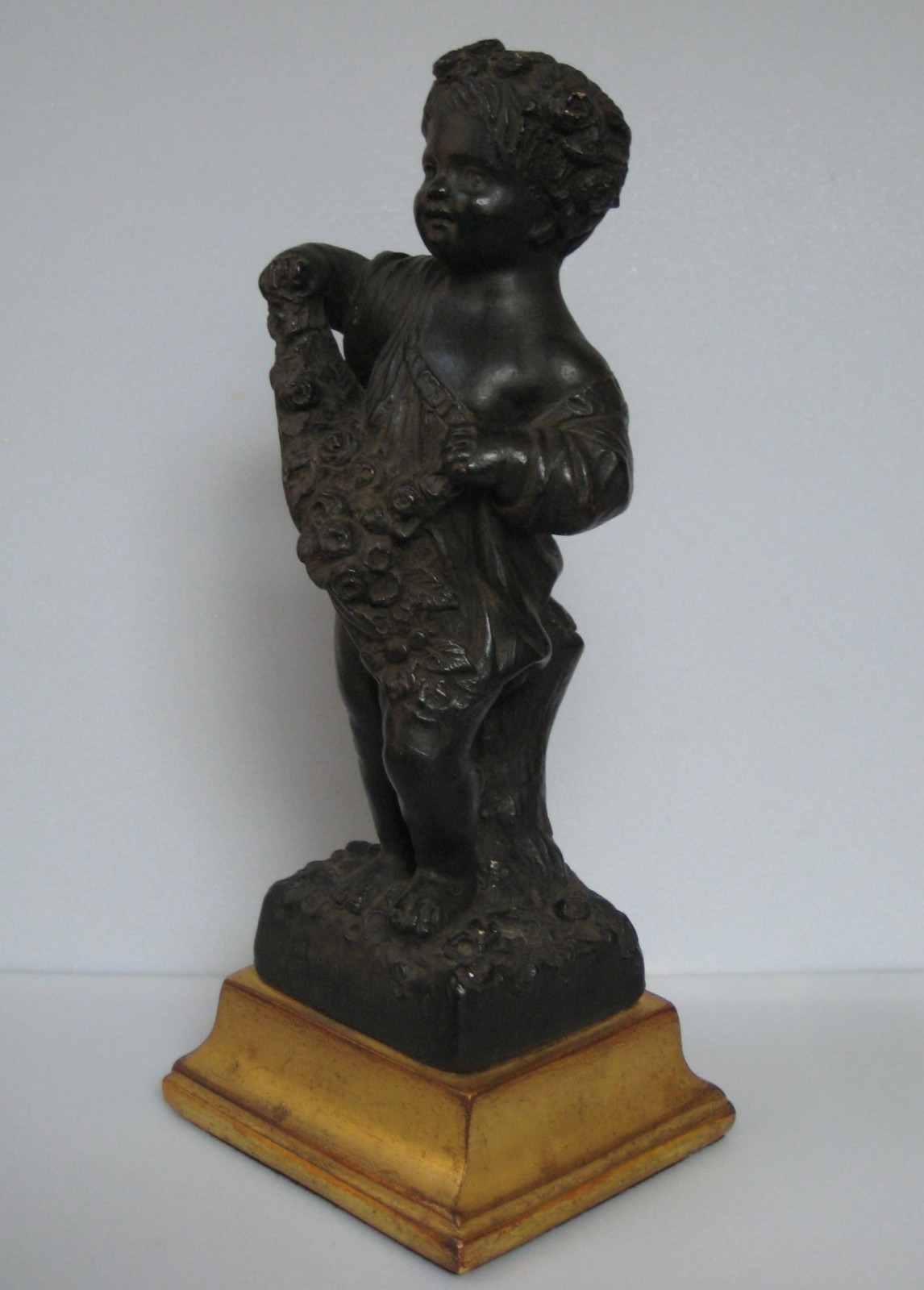 Vintage Italian Borghese Black & Gold Plaster Cherub Putti Figurine c. 1930