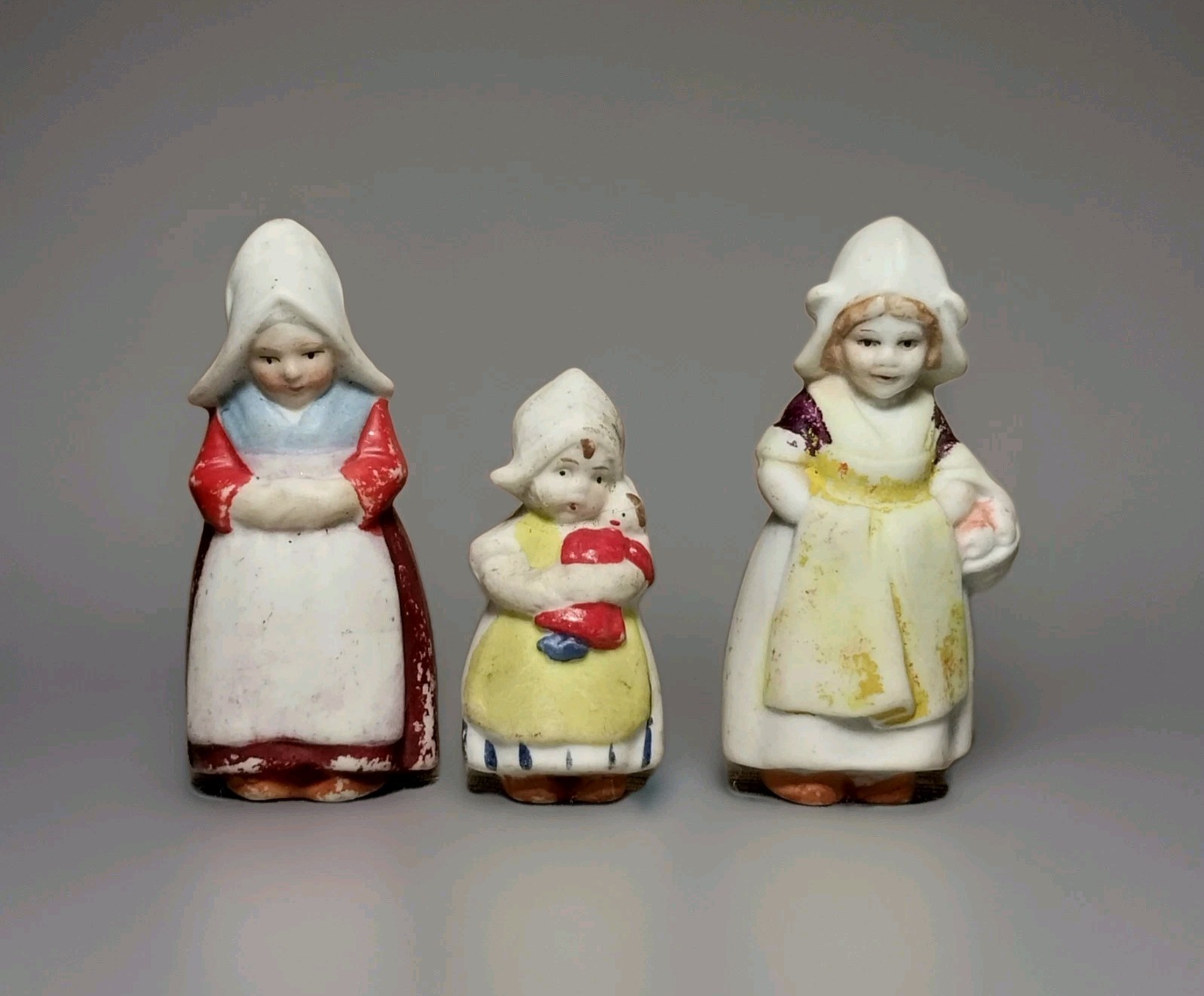 Antique German Bisque Porcelain Miniature Figurines Dutch Women Girl With Doll