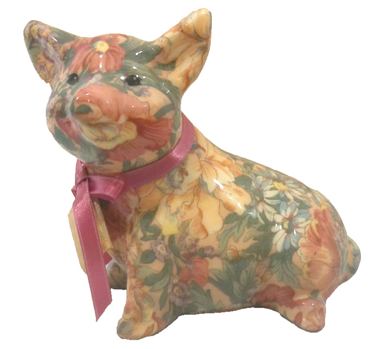 Vintage Porcelain Patchworks Joan Baker Designs Floral Pig Figurine Tags
