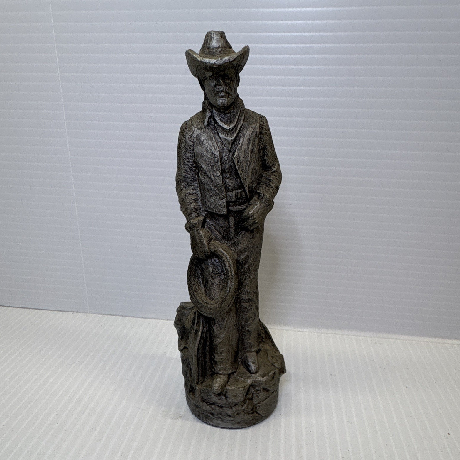 Western Cowboy Resin Figurine Holding Hat Brown Antique Finish 3D Effect