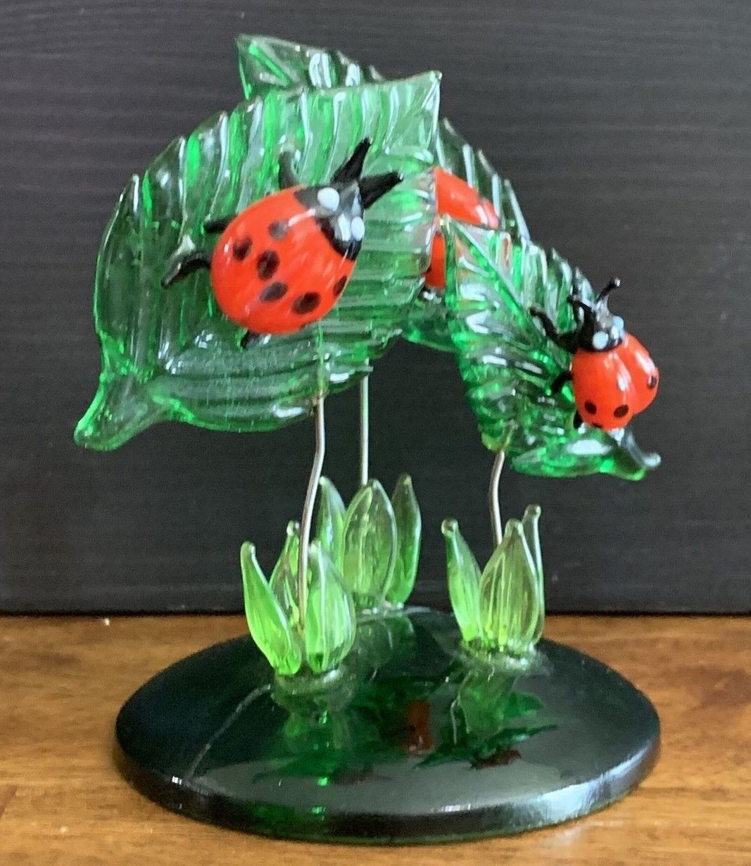 Ladybug Trio Crystal Glass Green Figurine Decorative Collectible