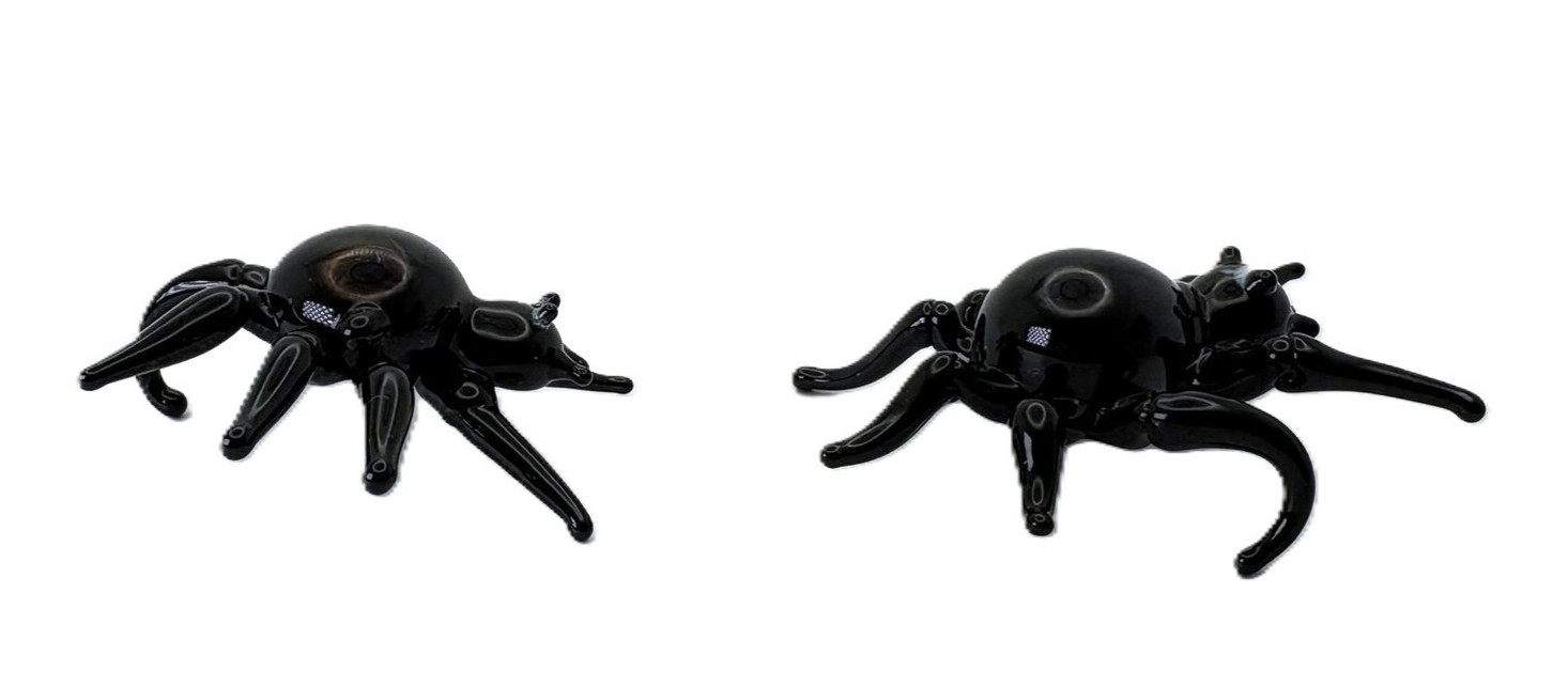 Miniature Black Spider Art Hand Blown Glass Figurines Set of 2