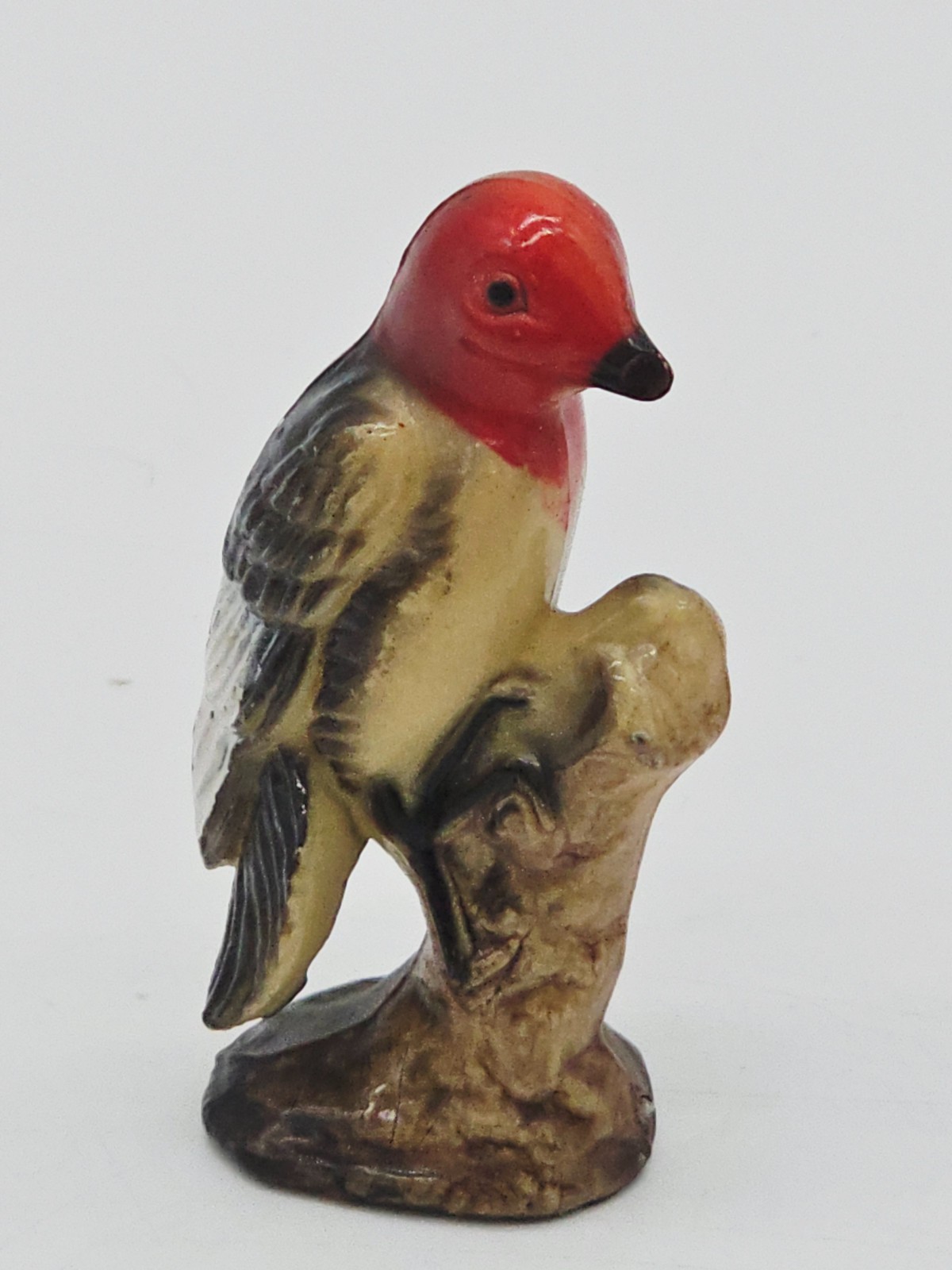 Vintage Red Headed Woodpecker Figurine Hard Plastic 2.5 inch Mid Century Bird