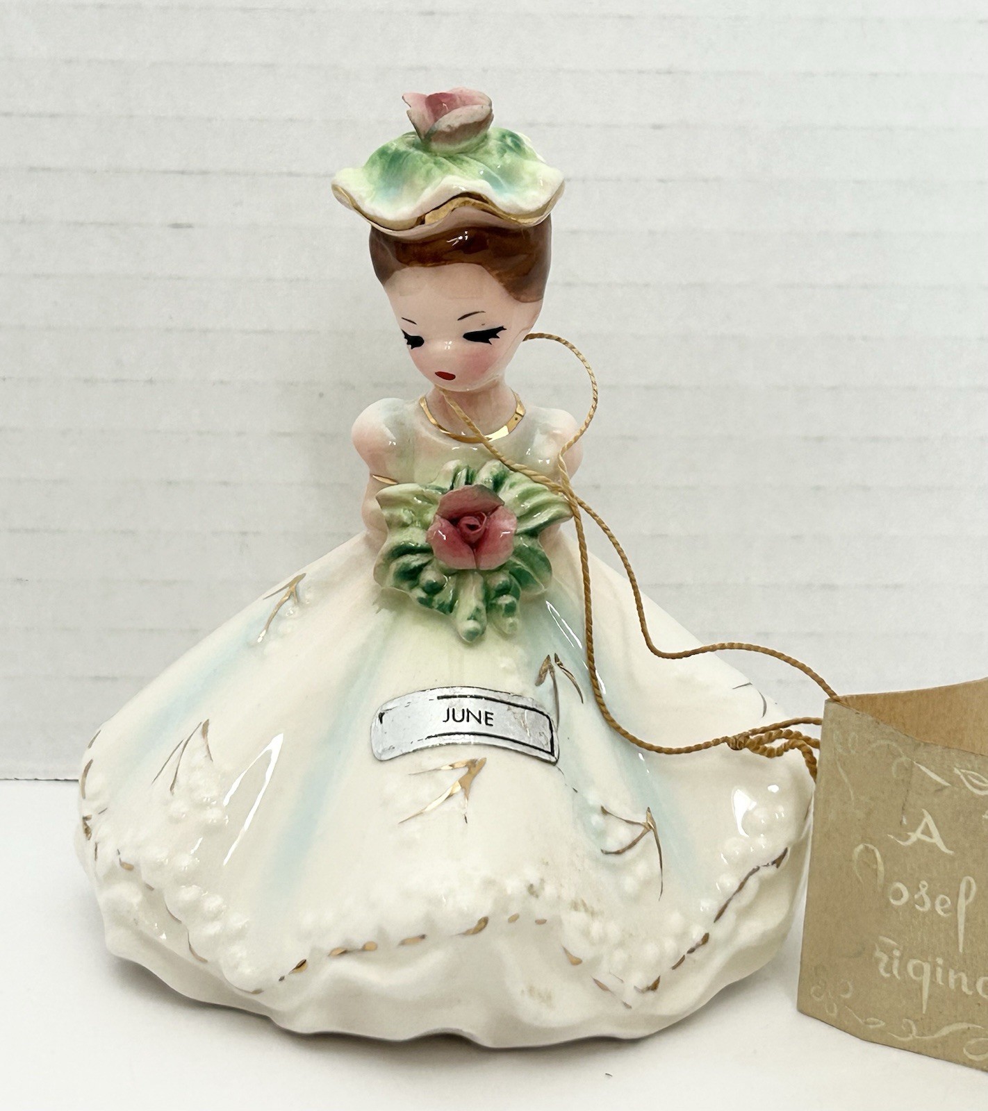 Josef Originals JUNE 1963 Birthday Series 4” Figurine Pink Roses Paper Tag