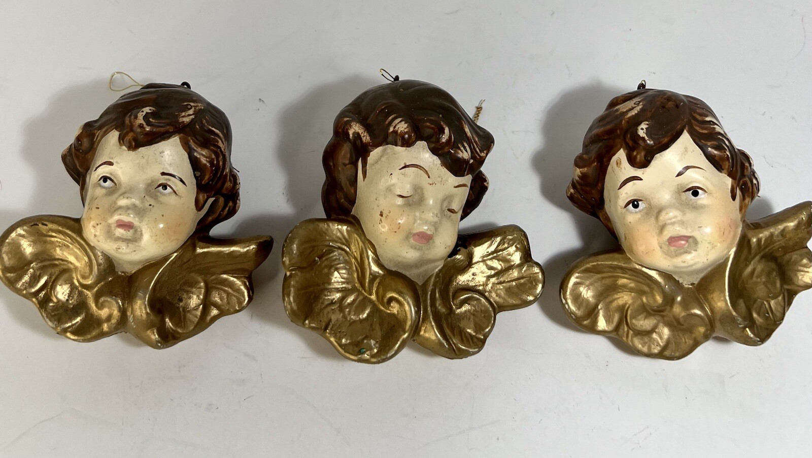 Vintage Set of 3 Angel Cherub Heads Painted Faces Gold Wings 3.5”