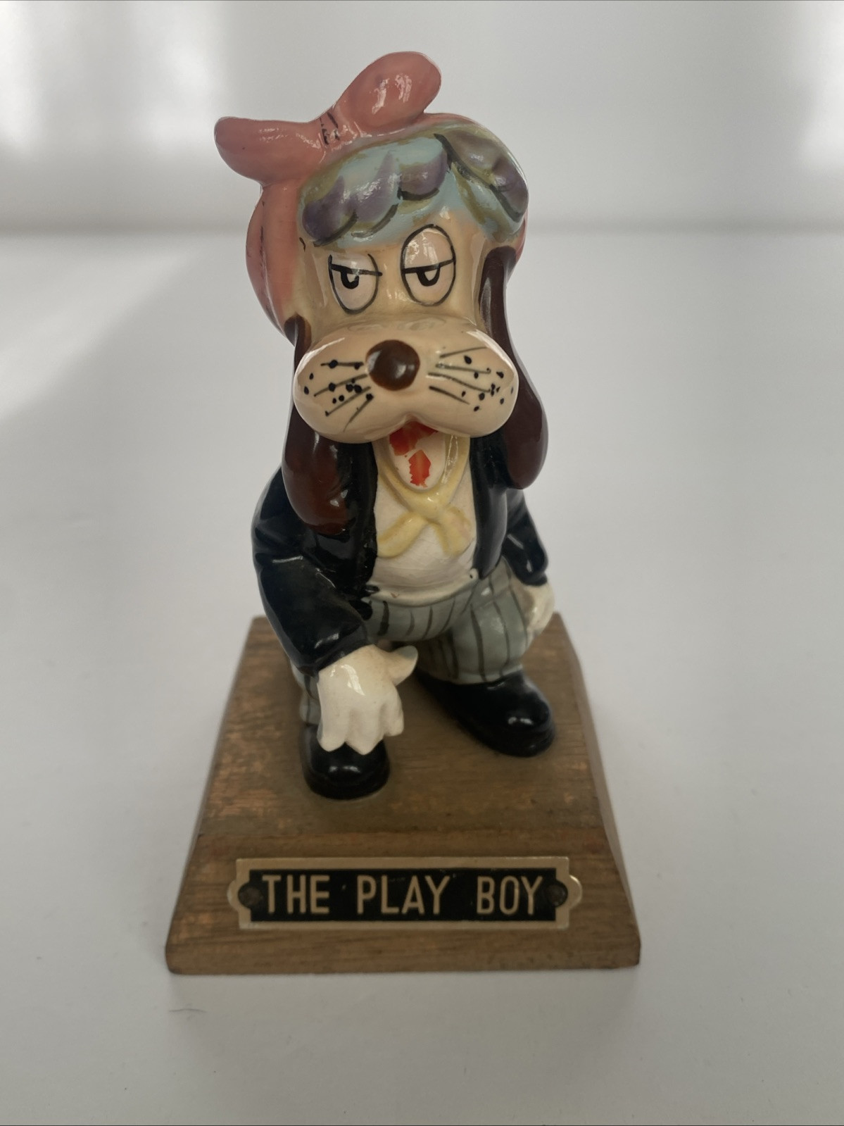 Vintage THE PLAY BOY Porcelain Dog Figurine Wood Base Japan