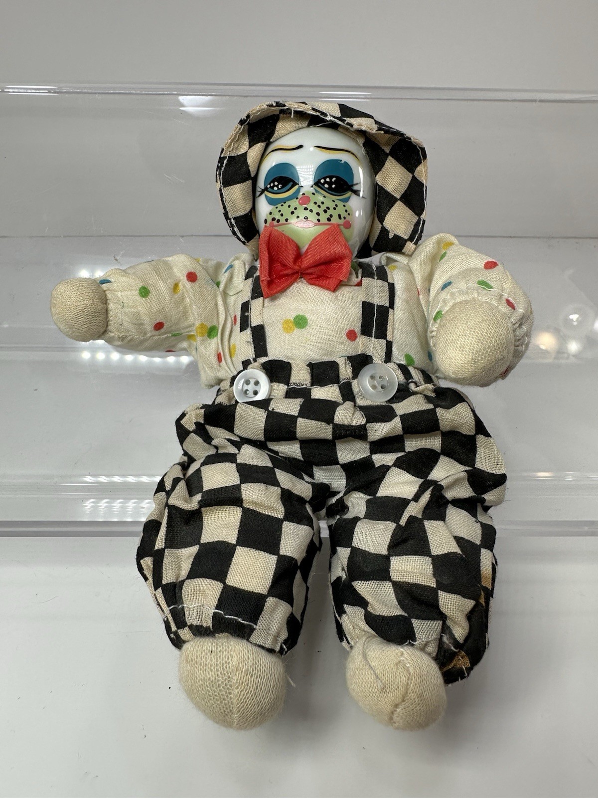 Clown Doll With Porcelain Head, Weighted Body, Checkered Outfit 7” Vintage Decor