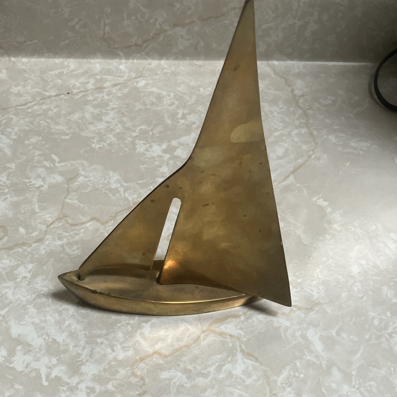 Vintage Brass Sailboat Figurine Gold Tone Nautical Decor 3D Effect 10 in x 9 in