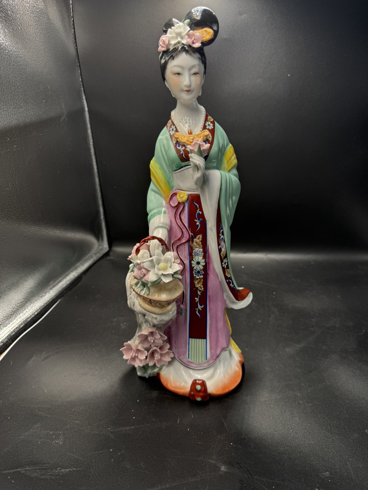 Vintage Porcelain Geisha Girl Holding Basket Of Flowers