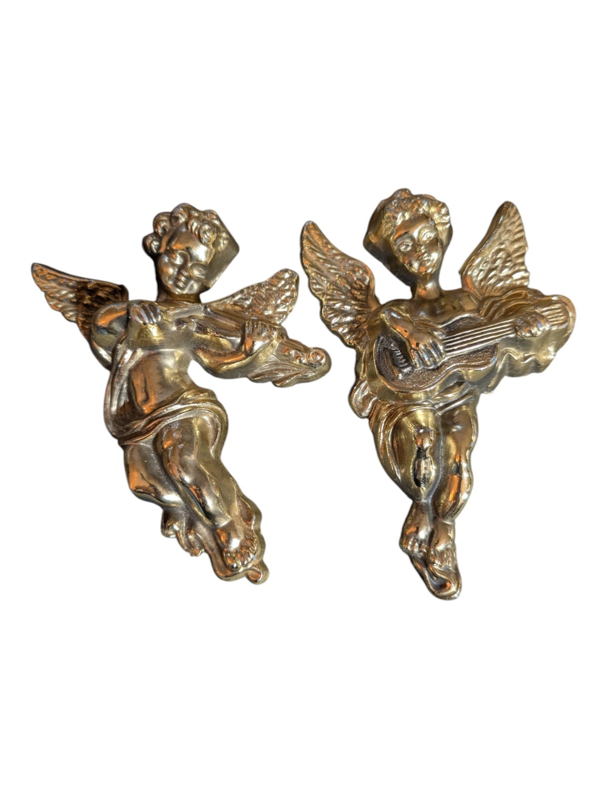 Vtg Pair Gold Tone Metal Cherub Angel Music Instrument Baroque Hollywood Regency