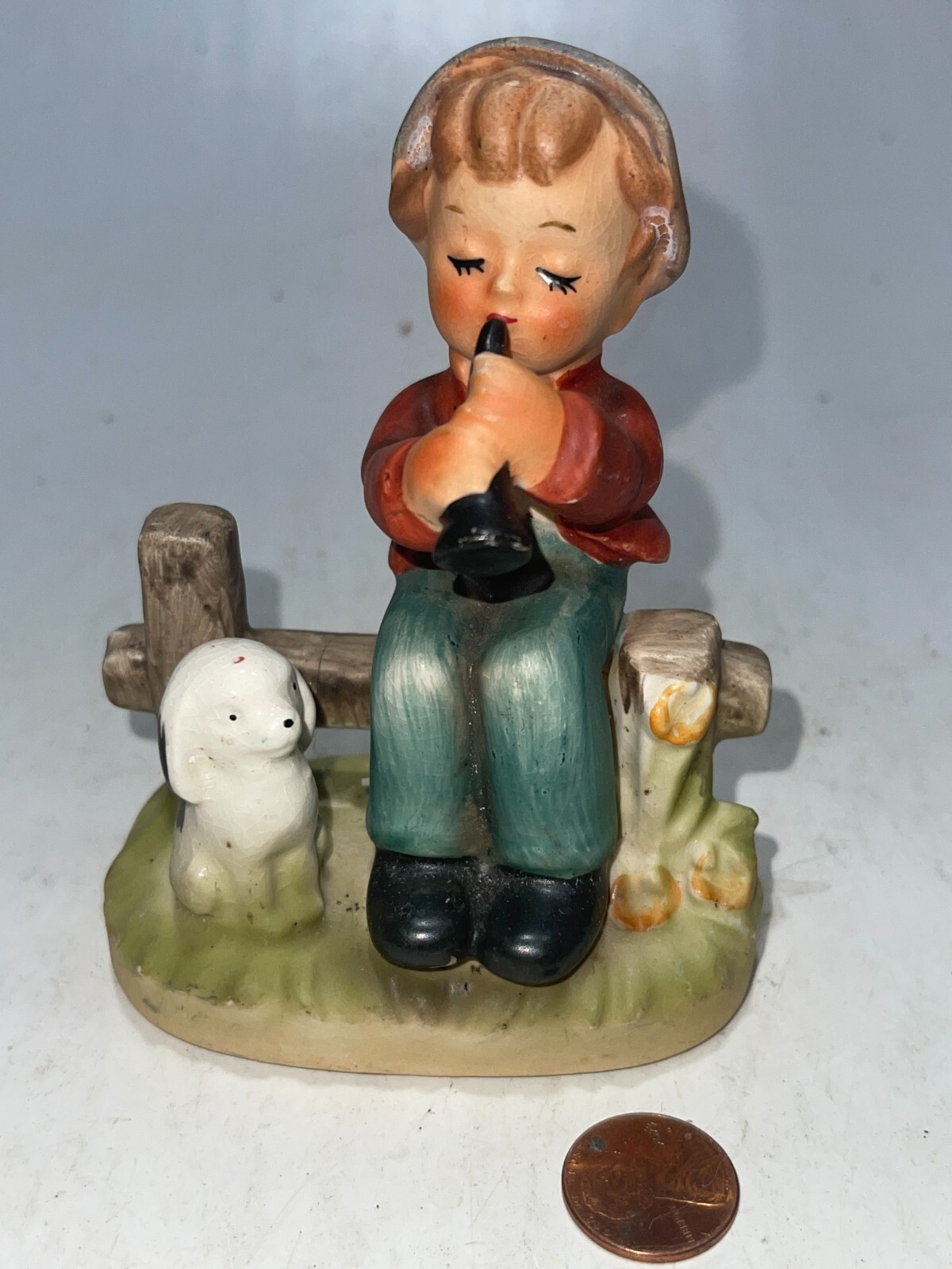 Napcoware Boy Playing Flute With Dog Hand Painted Figurine C7655 Japan