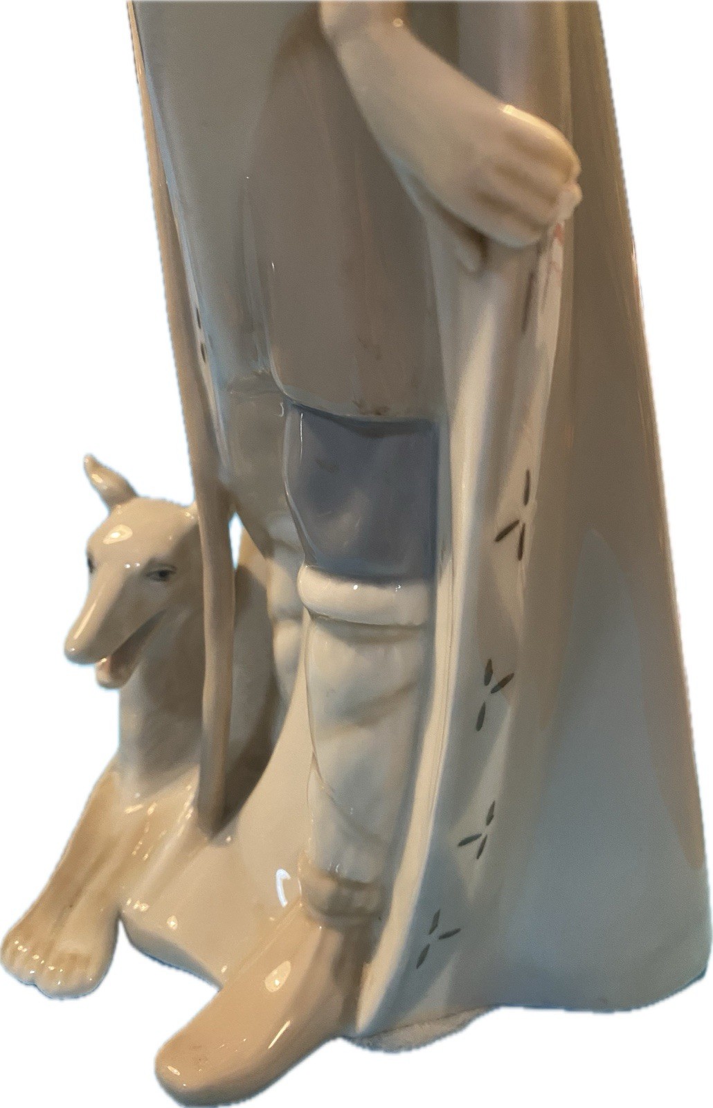 “LLADRO” STYLE PORCEVAL PORCELAIN, TALL SHEPHERD WITH STAFF AND DOG – SPAIN.