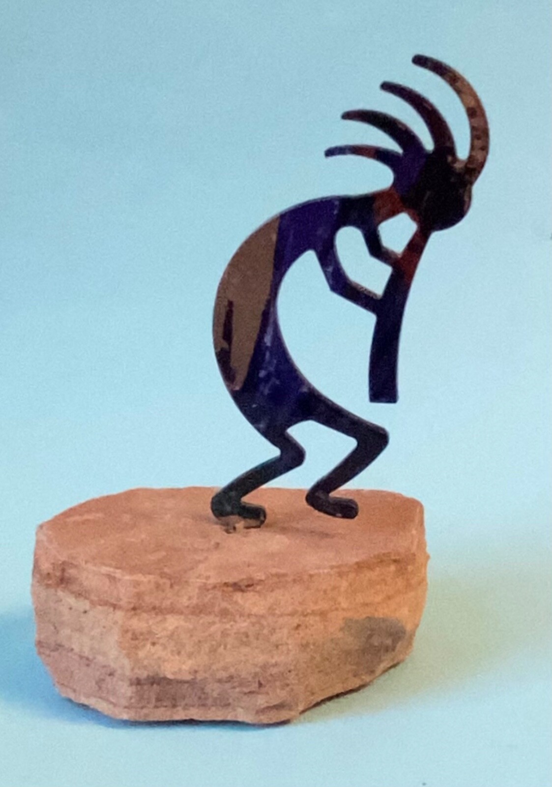 KOKOPELLI Metal Art Lazart Enameled Figure Southwestern on Sandstone Rock 4” H