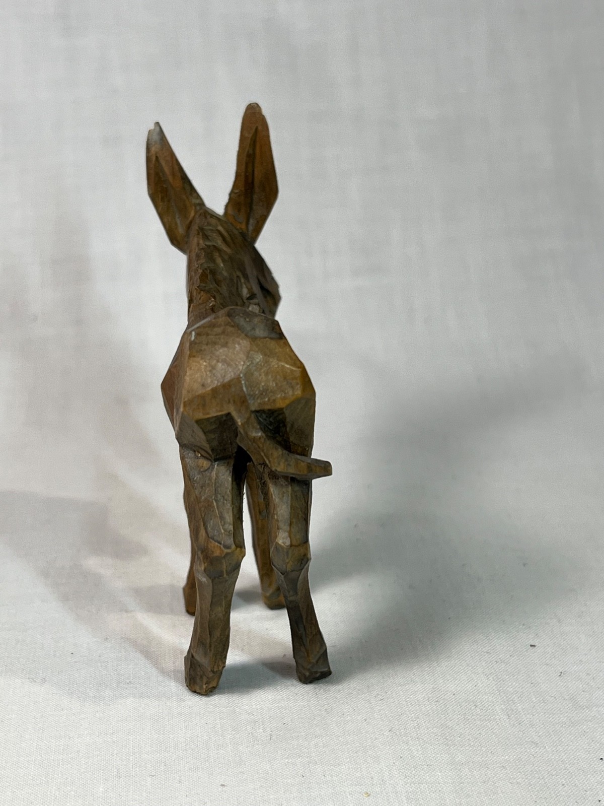 Vintage European Hand Carved Wooden Donkey Figurine Folk Art Faceted Style