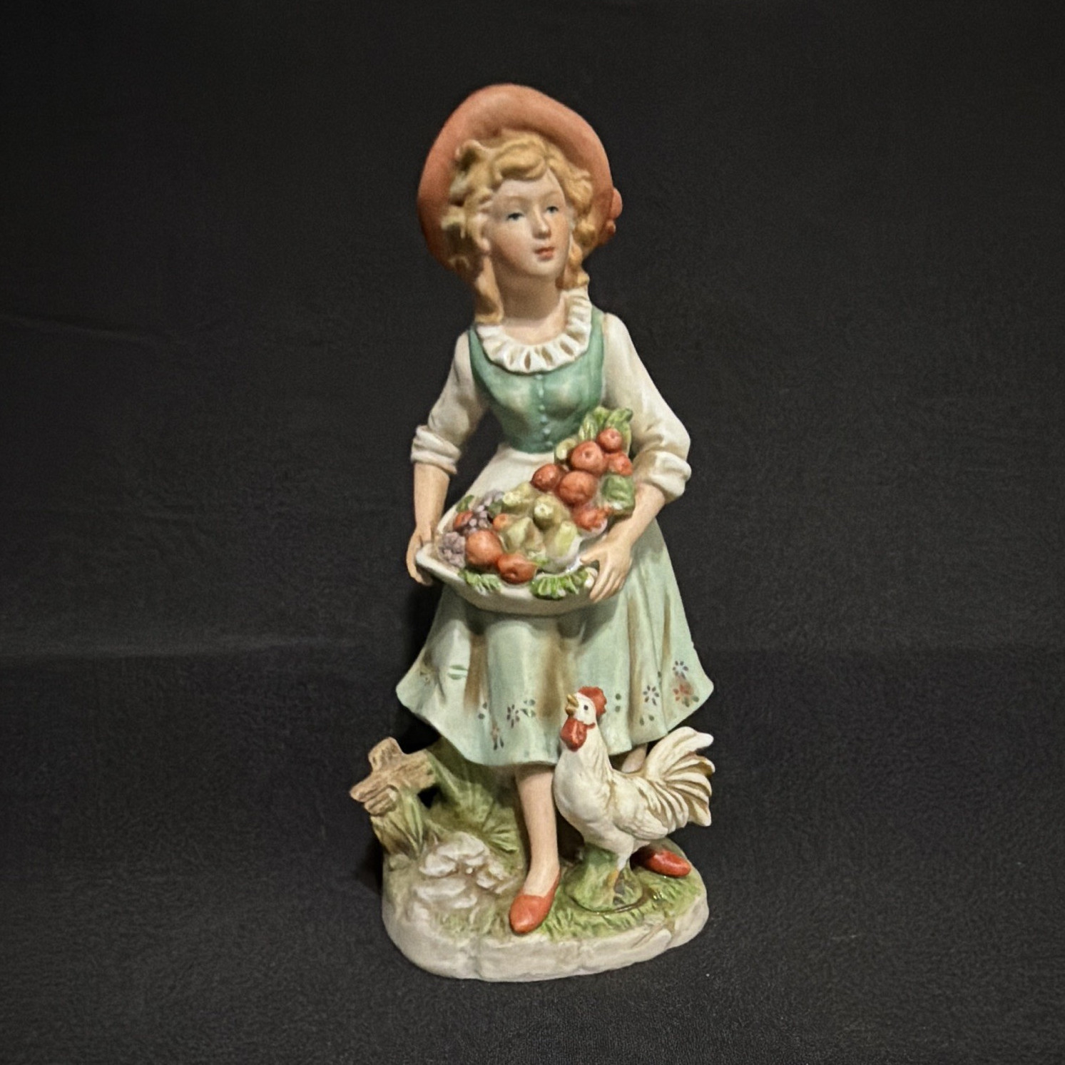 Homco 8 Inch Figurine Young Woman with Fruit Farm Chicken 1888/ Farmhouse Decor